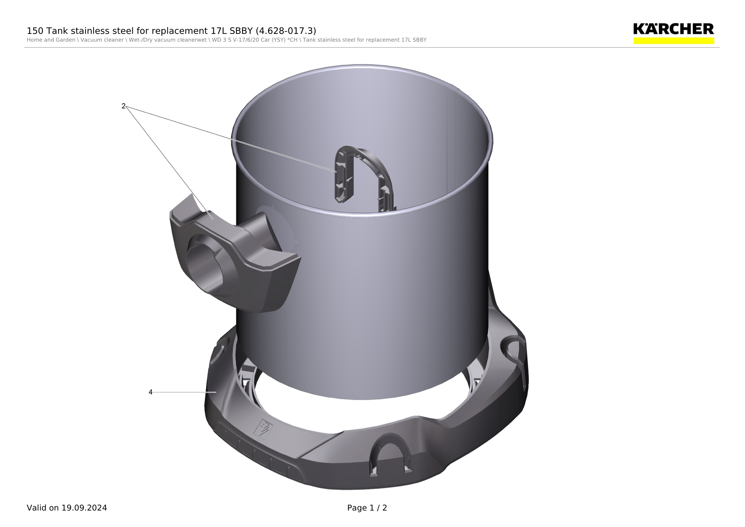 150 Tank stainless steel for replacement 17L SBBY (4.628-017.3)