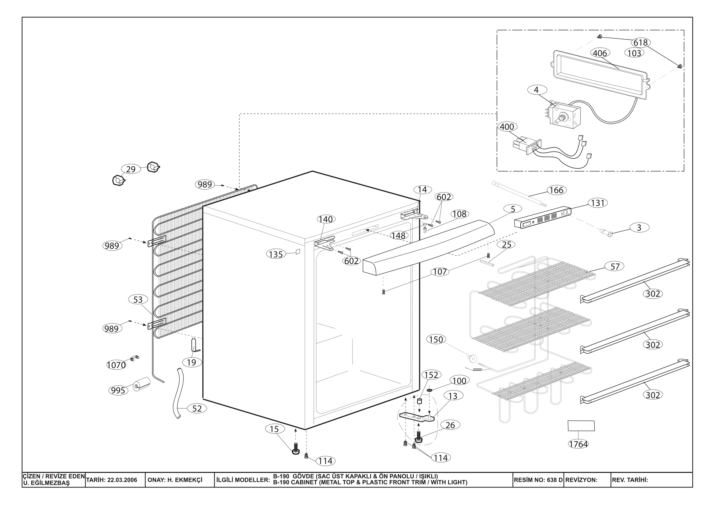 CABINET ASSY. (B-190 METAL TOP & PLASTIC FRONT TRIM & WITH LIGHT)