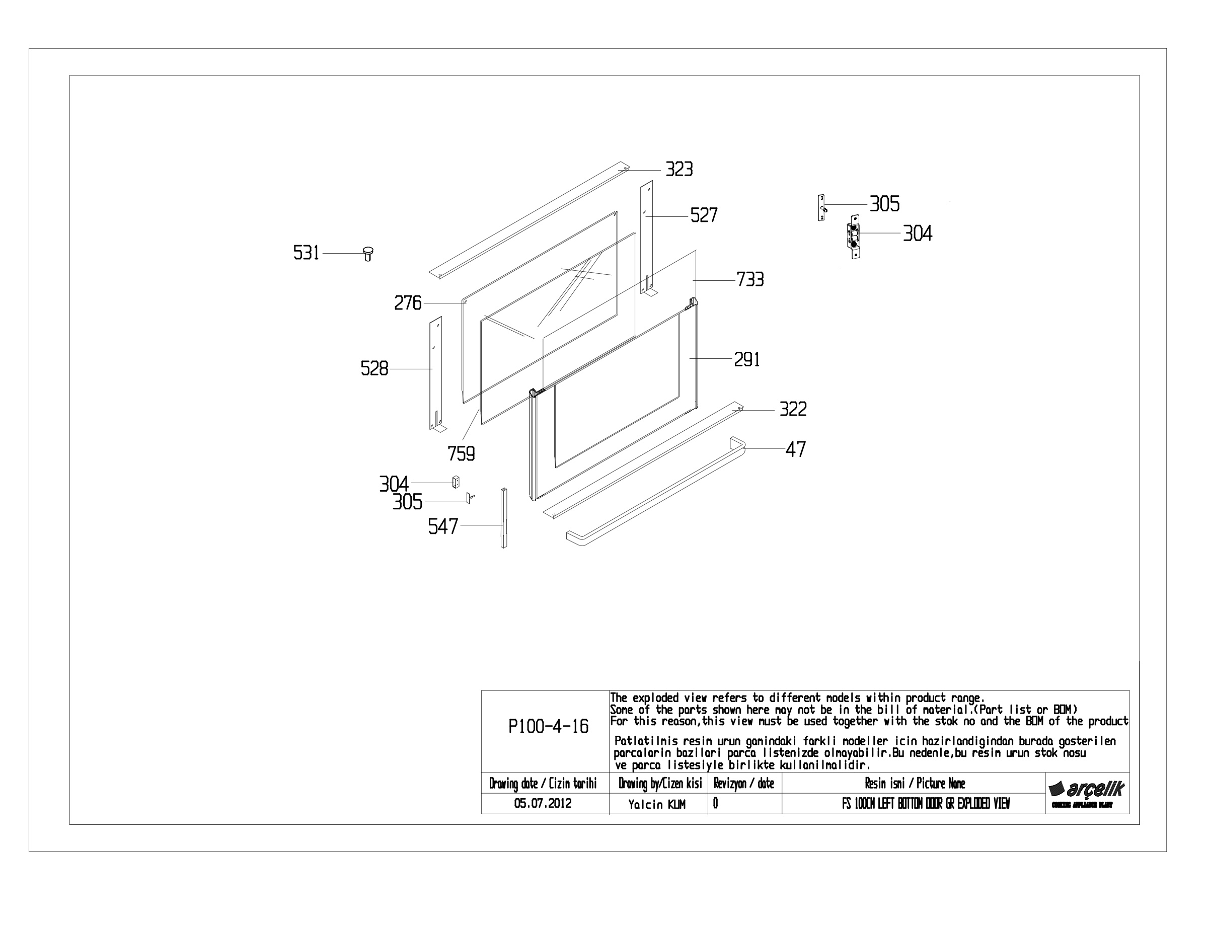 FS 100CM LEFT BOTTOM DOOR GR EXPLODED VIEW