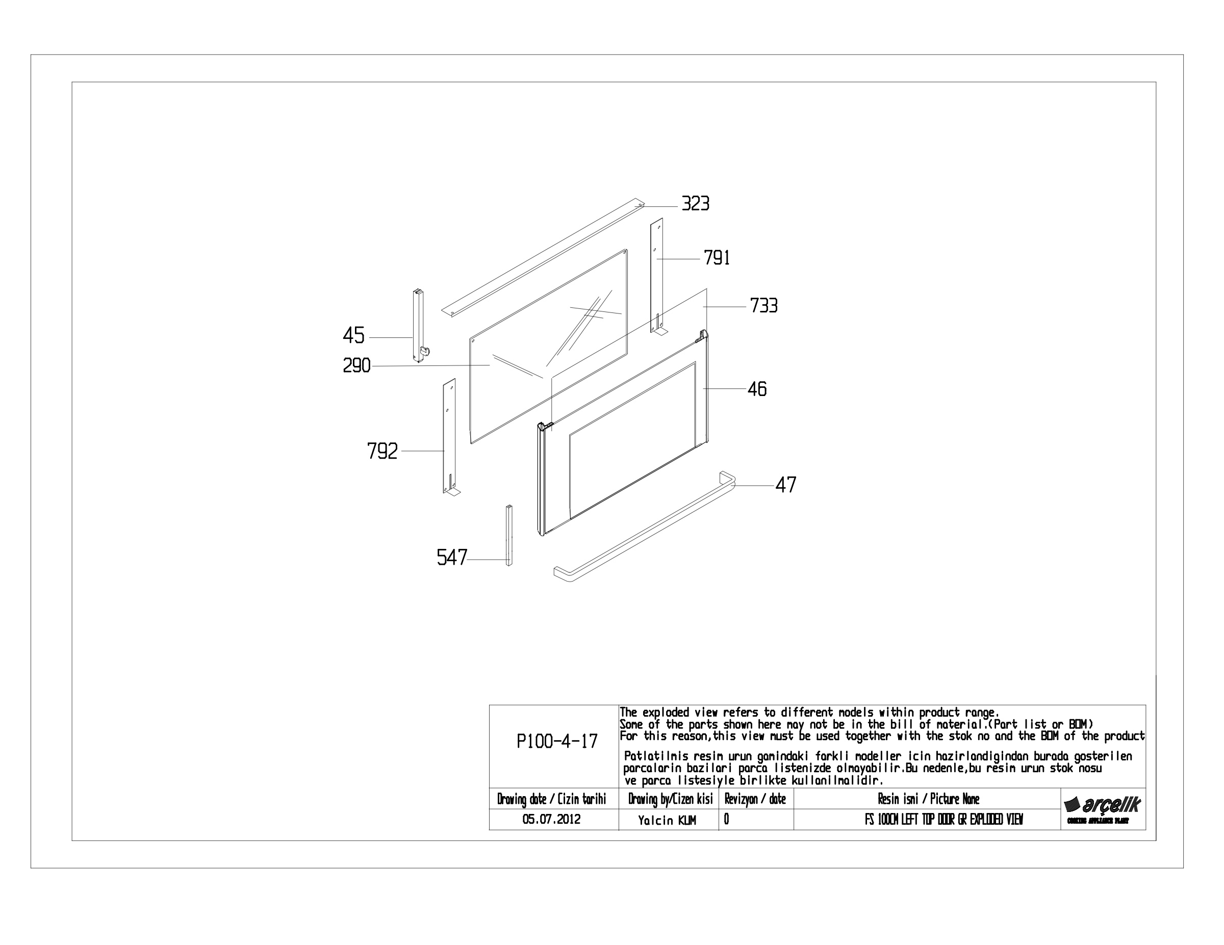 FS 100CM LEFT TOP DOOR GR EXPLODED VIEW