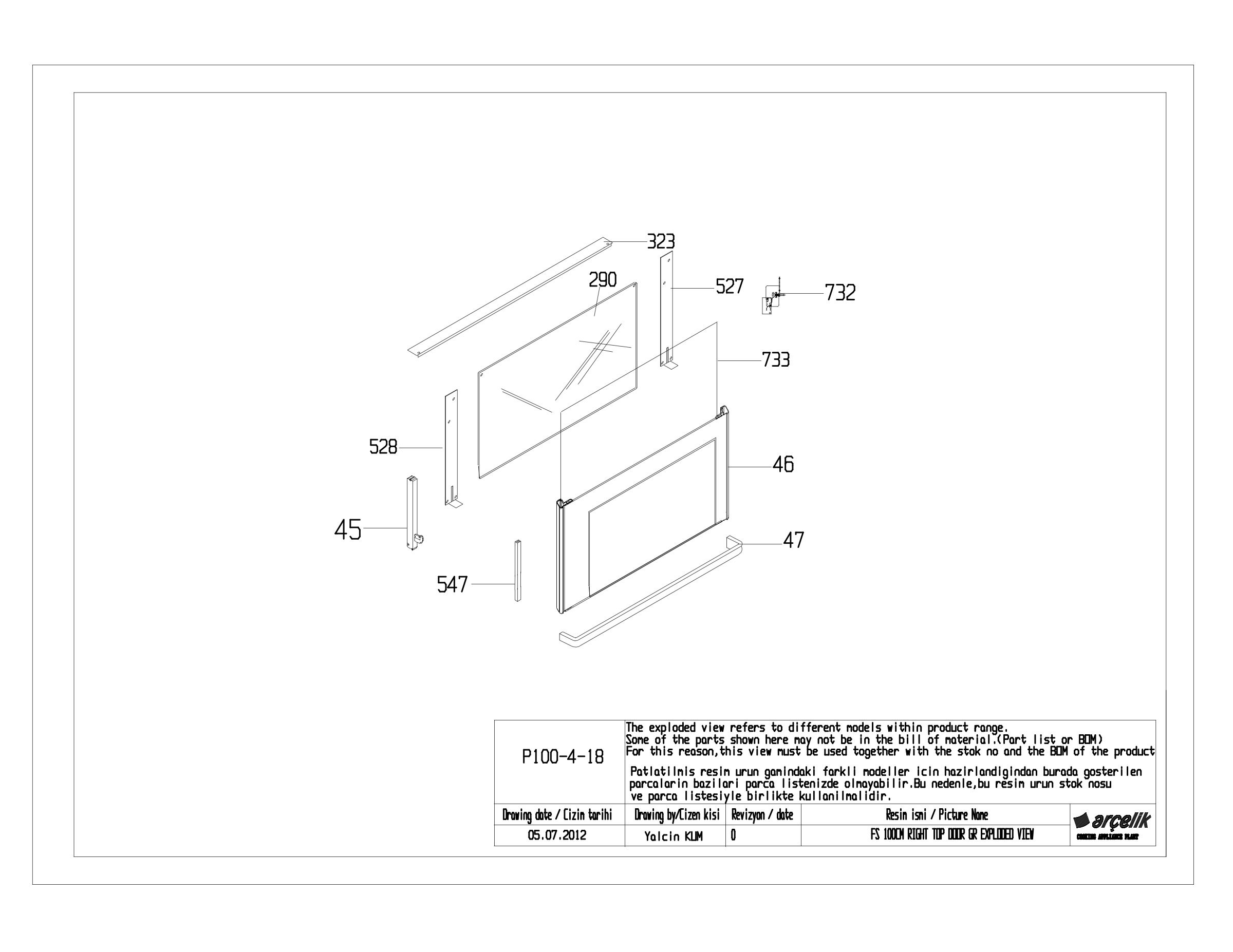 FS 100CM RIGHT TOP DOOR GR EXPLODED VIEW