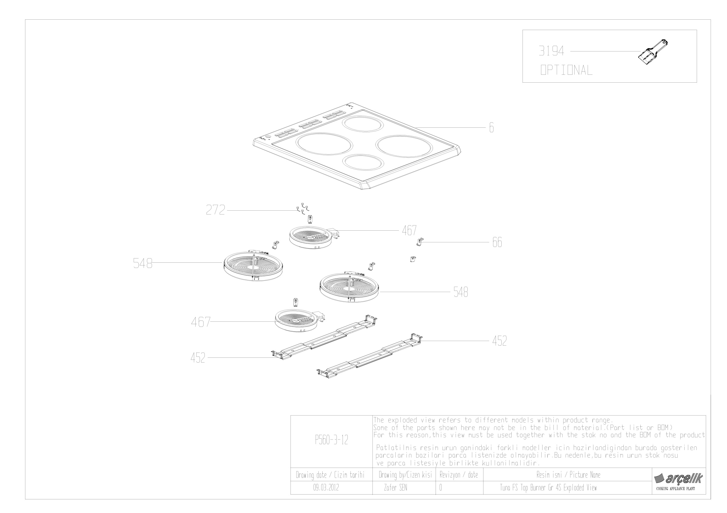 TUNA FS 50X60 TOP BURNER GR EXPLODED VIEW