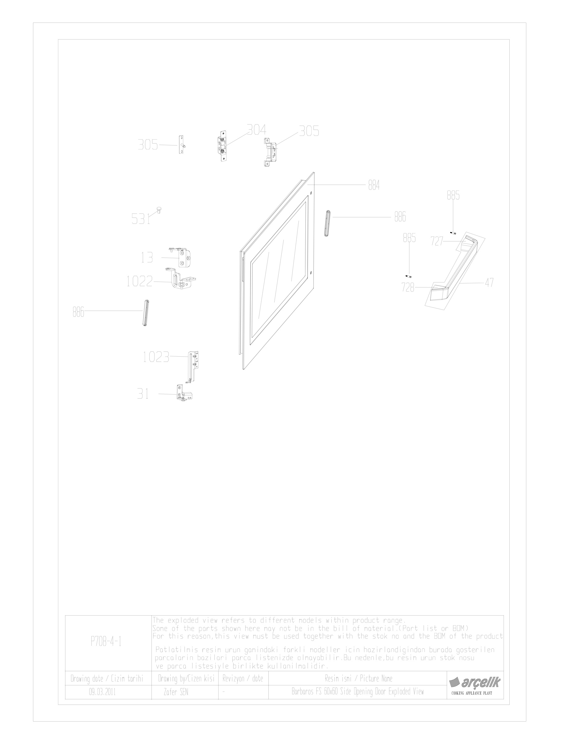 BARBAROS FS DOUBLE MAIN OVEN DOOR GR EXPLODED VIEW