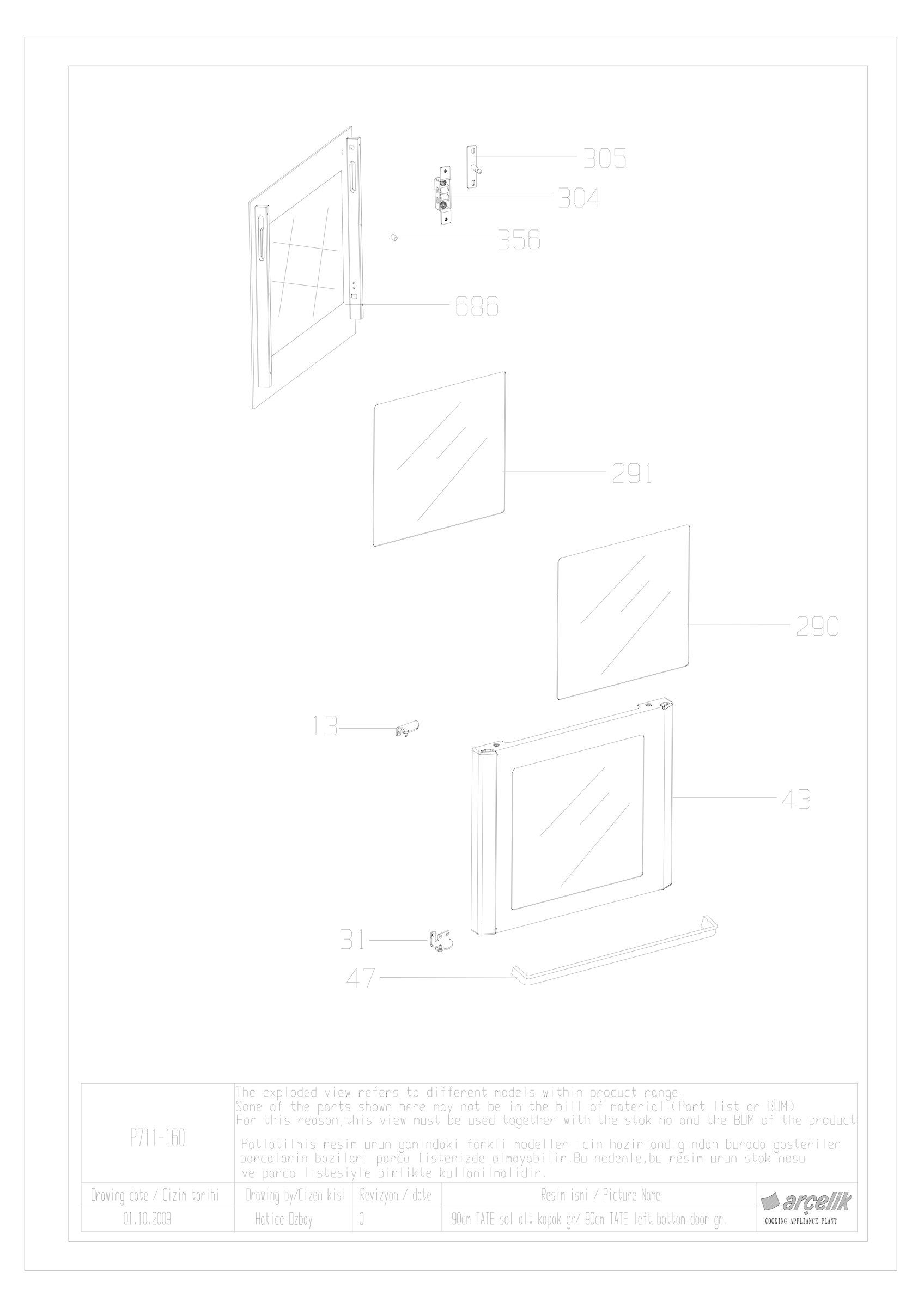 90cm TATE letf bottom door gr.