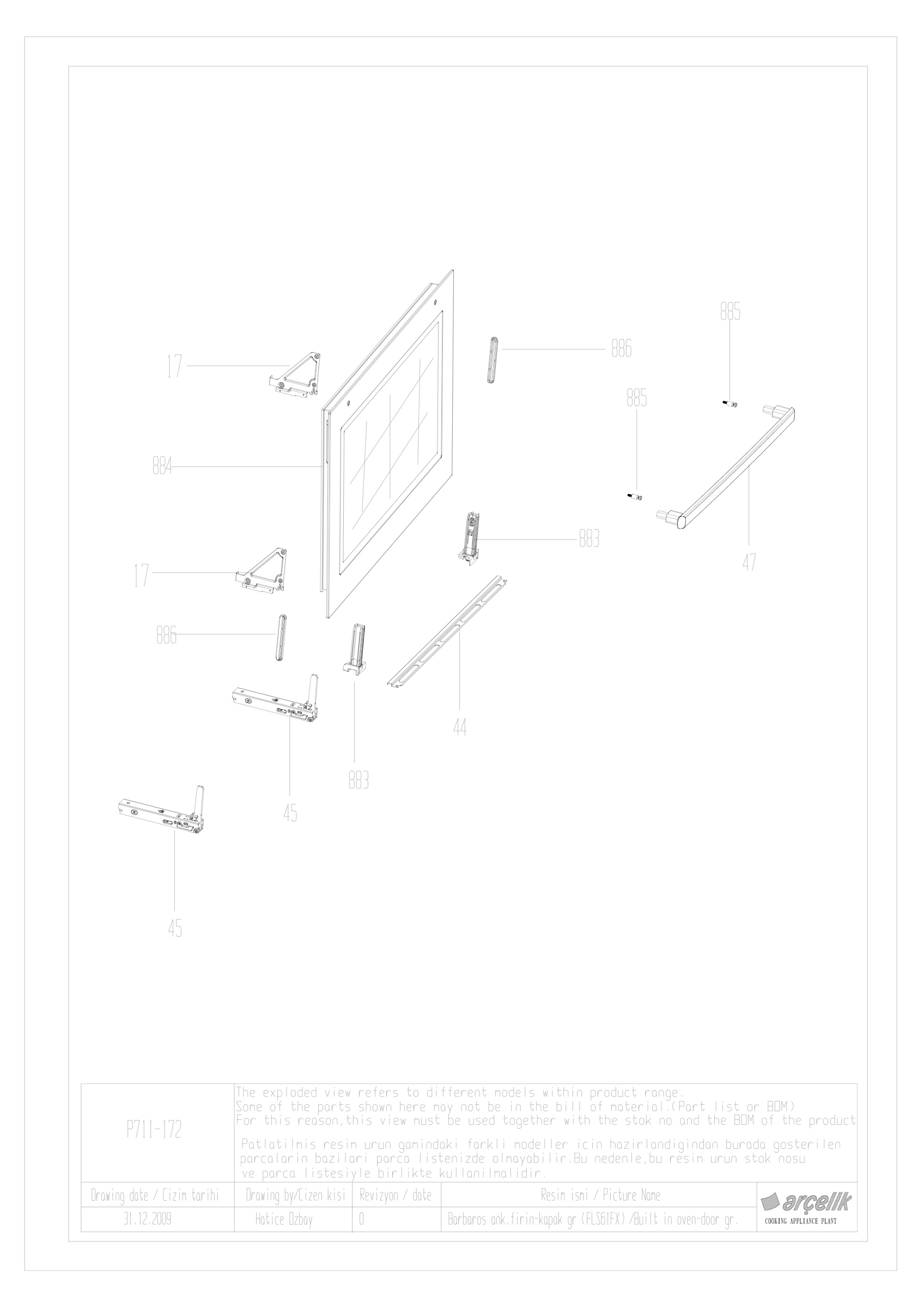 FLS 61 FX BARBAROS BUILT IN OVEN FRONT DOOR EXPLODED VIEW
