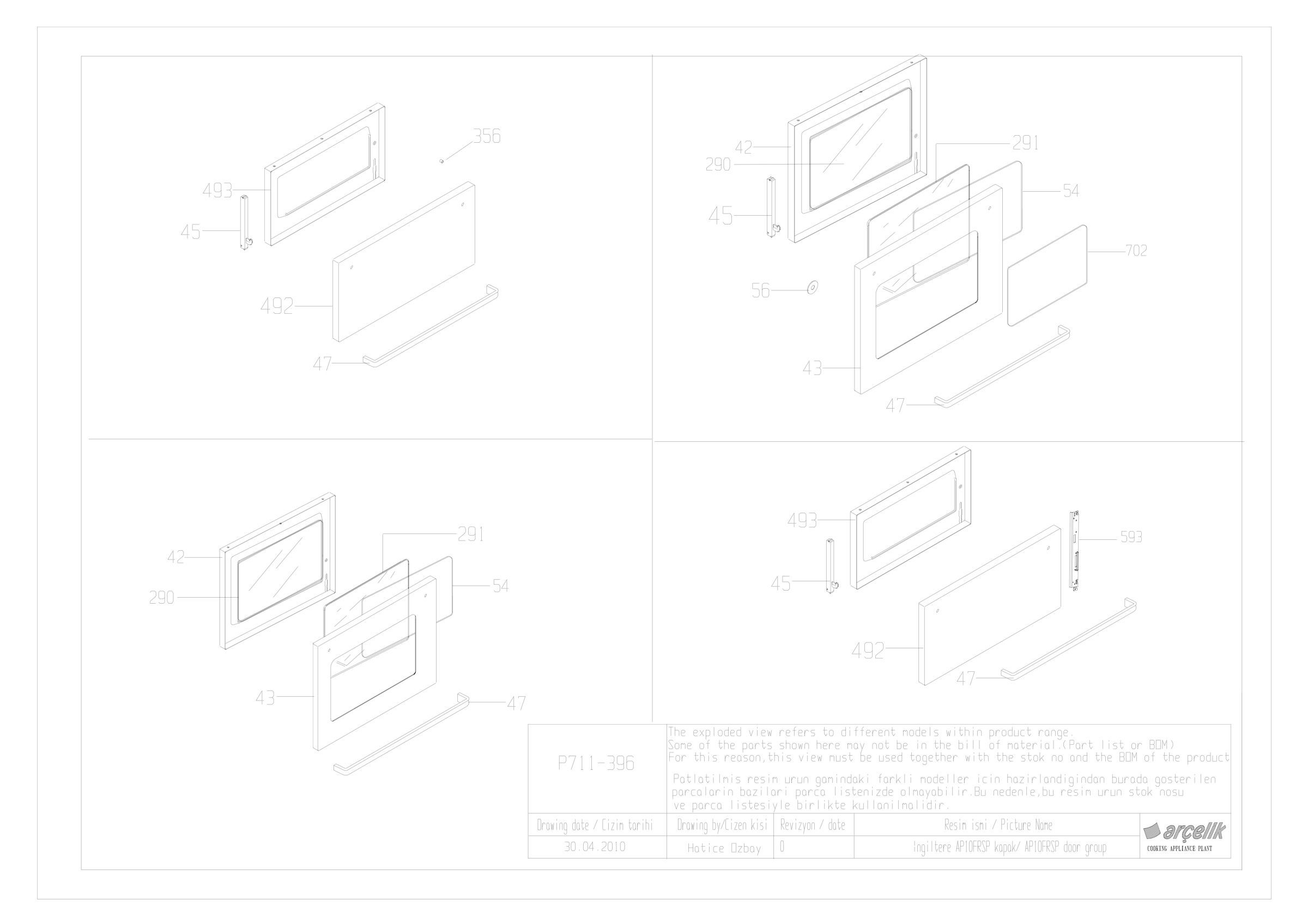 ENGLAND AP10FRSP OVEN DOORS EXPLODED VIEW