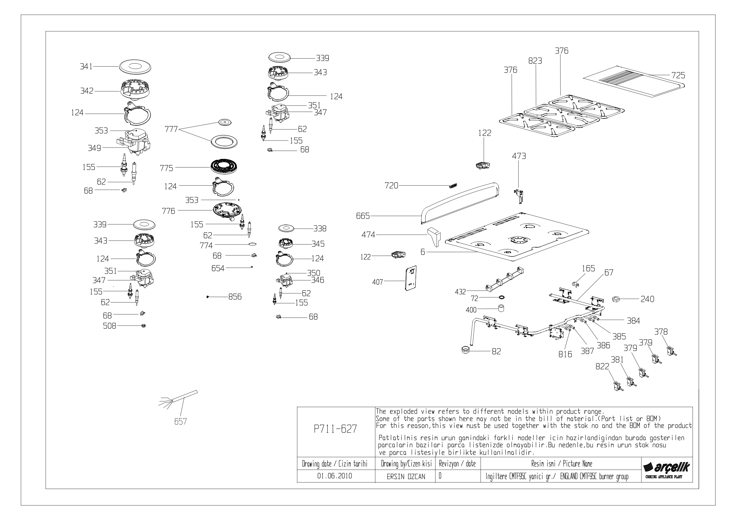 CMTF95C TOP BURNERS GR EXPLODED VIEW