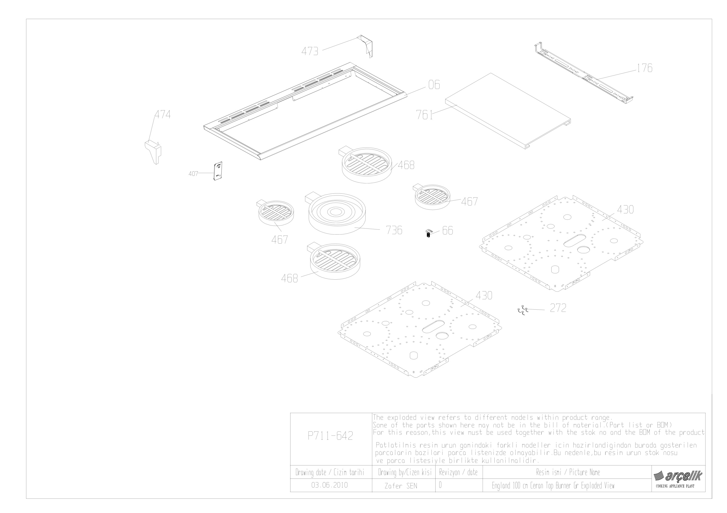 ENGLAND 100 CM TOP BURNER GR EXPLODED VIEW