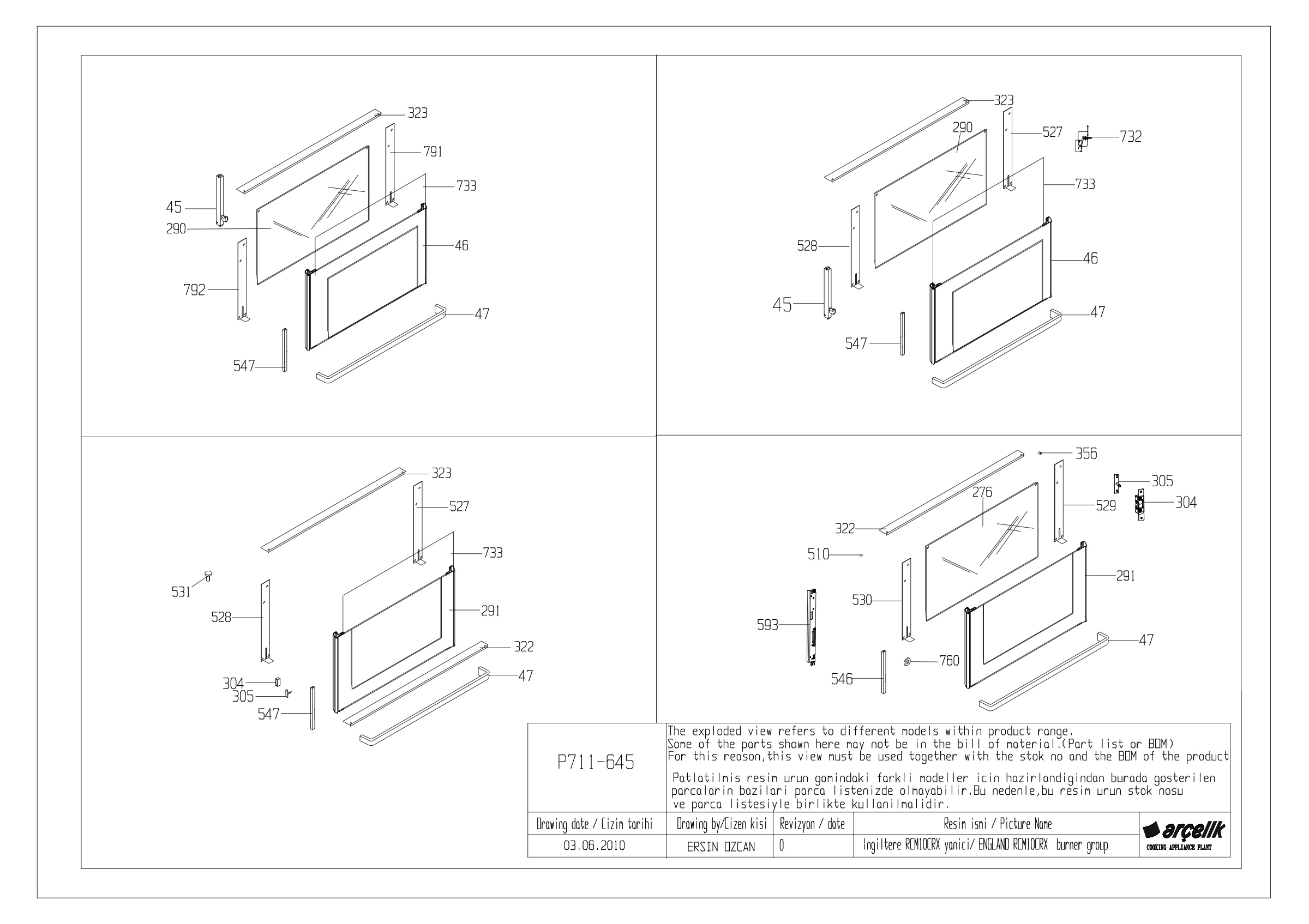 RCM10CRX OVEN DOORS EXPLODED VIEW