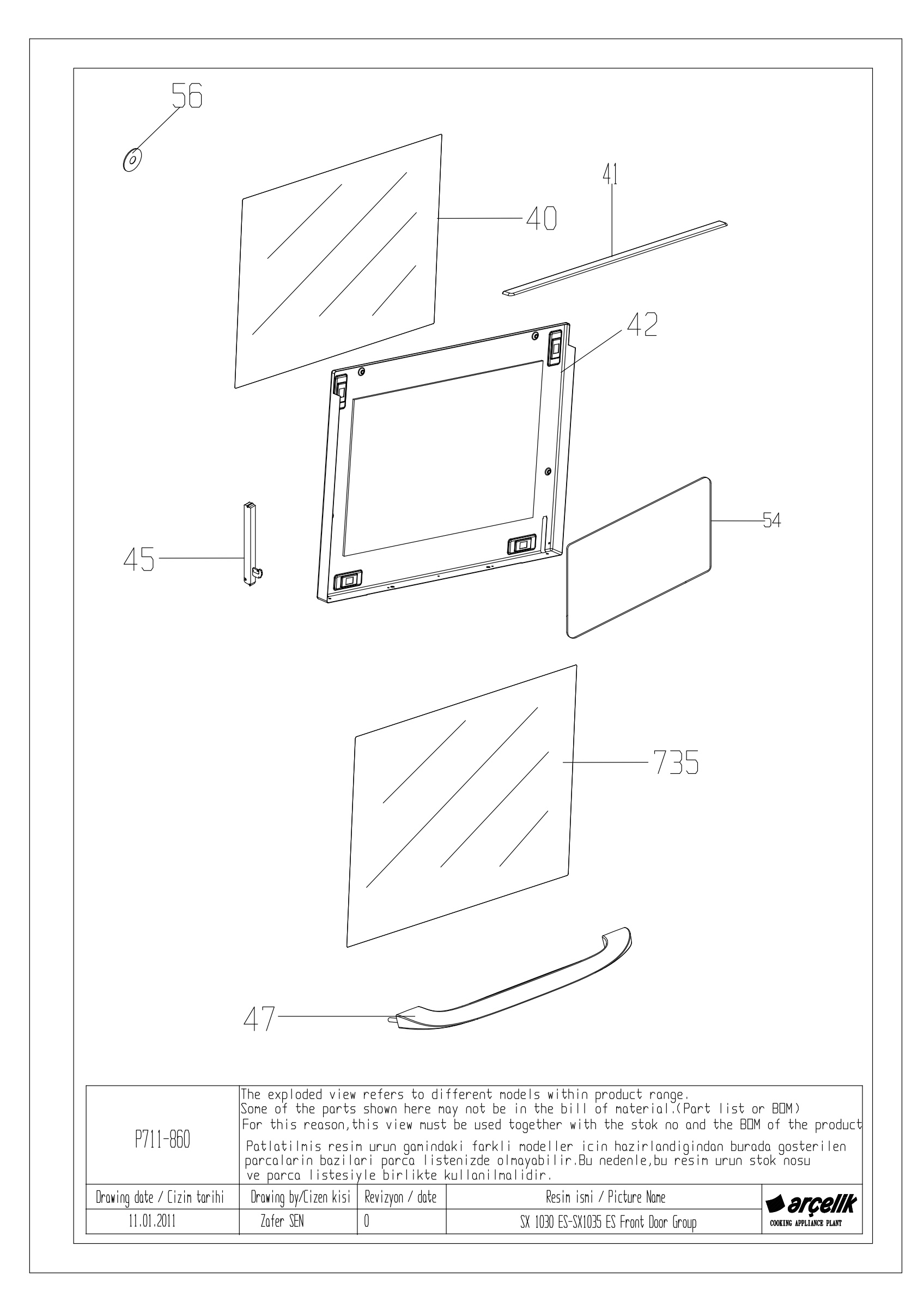 SX 1030 ES-SX 1035 ES OVEN FRONT DOOR GR EXPLODED VIEW