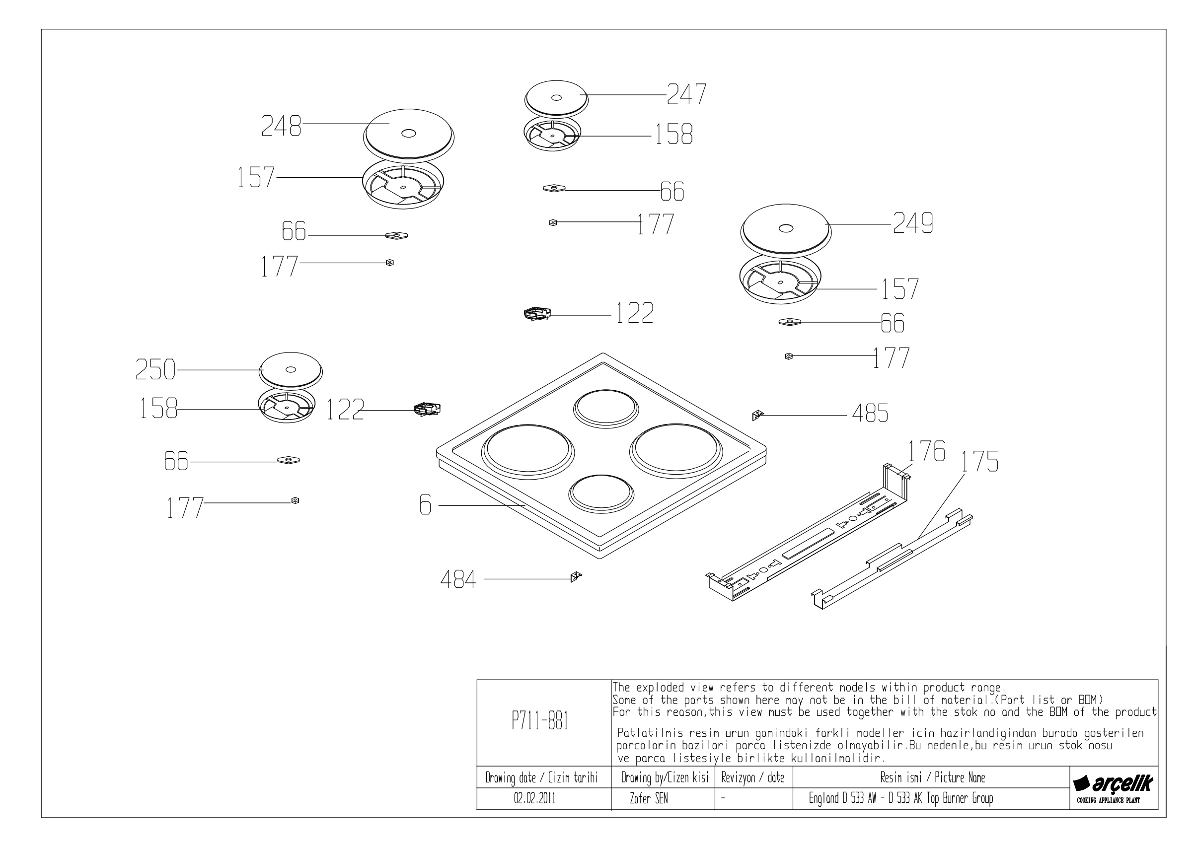 England D 533 AW - D 533 AK TOP BURNER GR EXPLODED VIEW