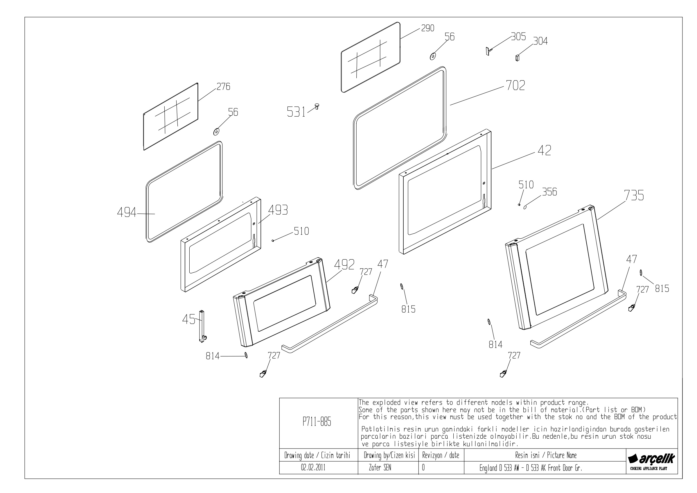 ENGLAND D 533 AW - D 533 AK FRONT DOOR GR EXPLODED VIEW