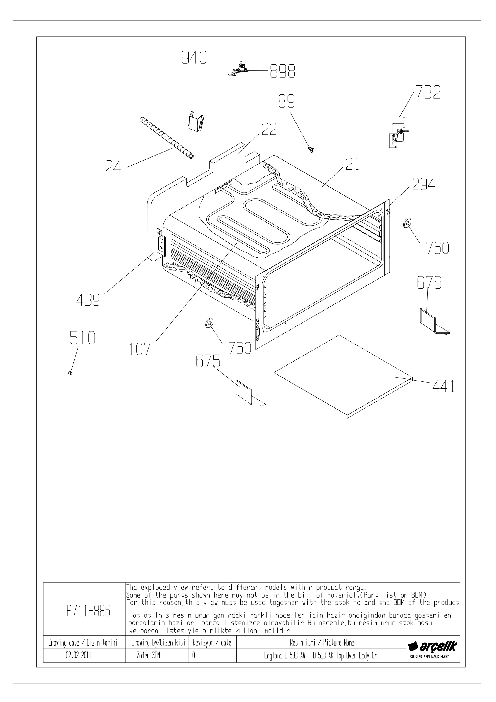 ENGLAND D 533 AW- D 533 AK TOP OVEN GR EXPLODED VIEW