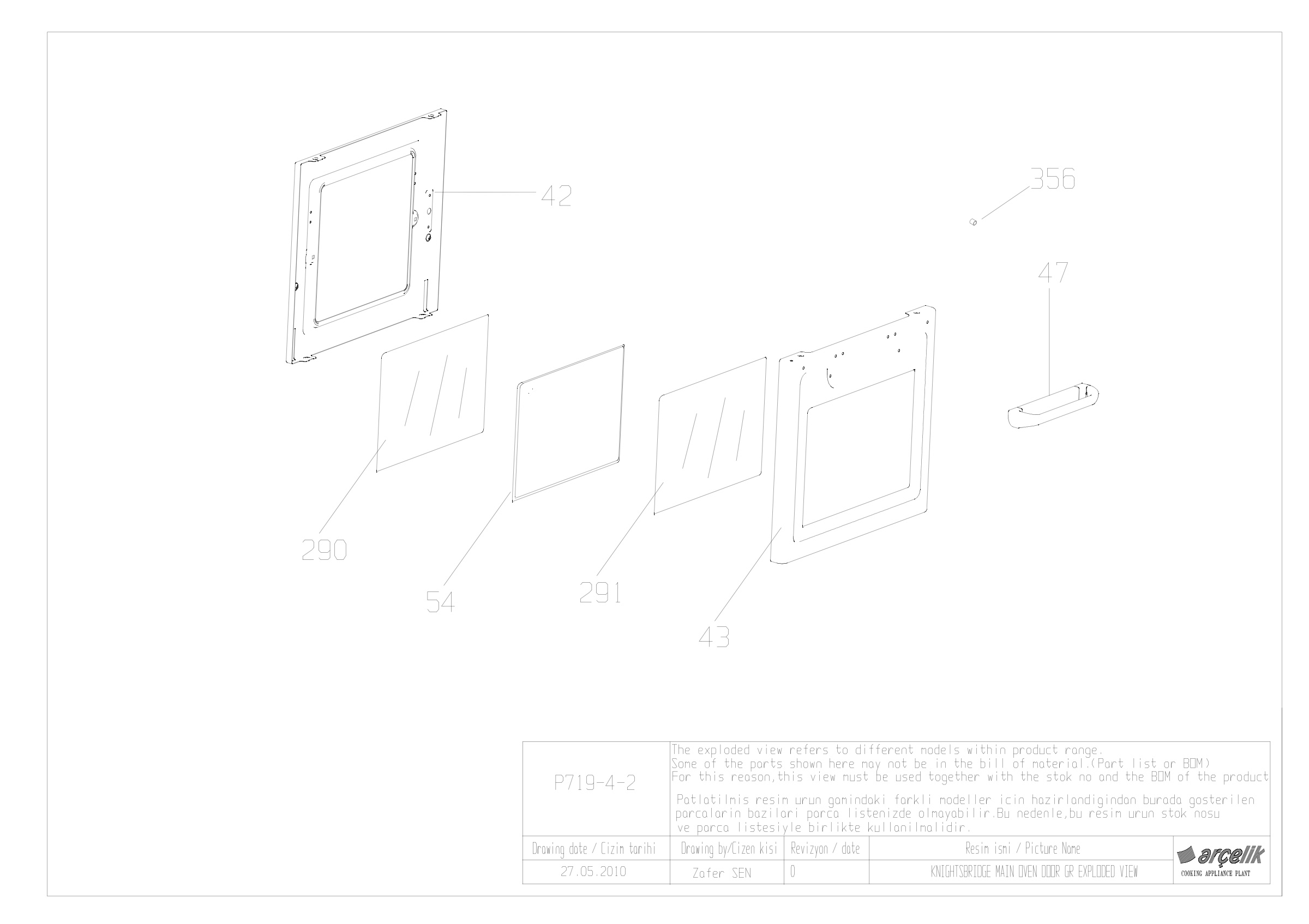 90 CM KNIGHTSBRIDGE LEFT SIDE MAIN OVEN DOOR GR EXPLODED VIEW