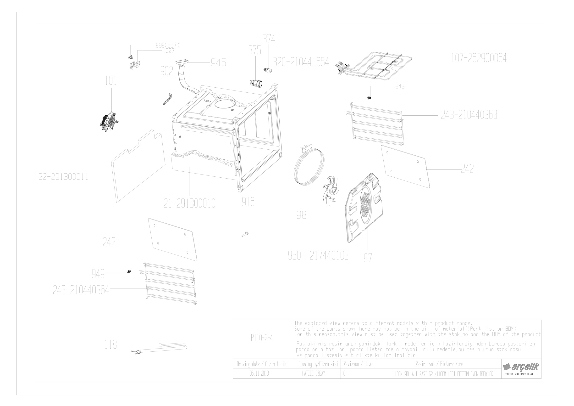 110CM LEFT BOTTOM OVEN BODY GR