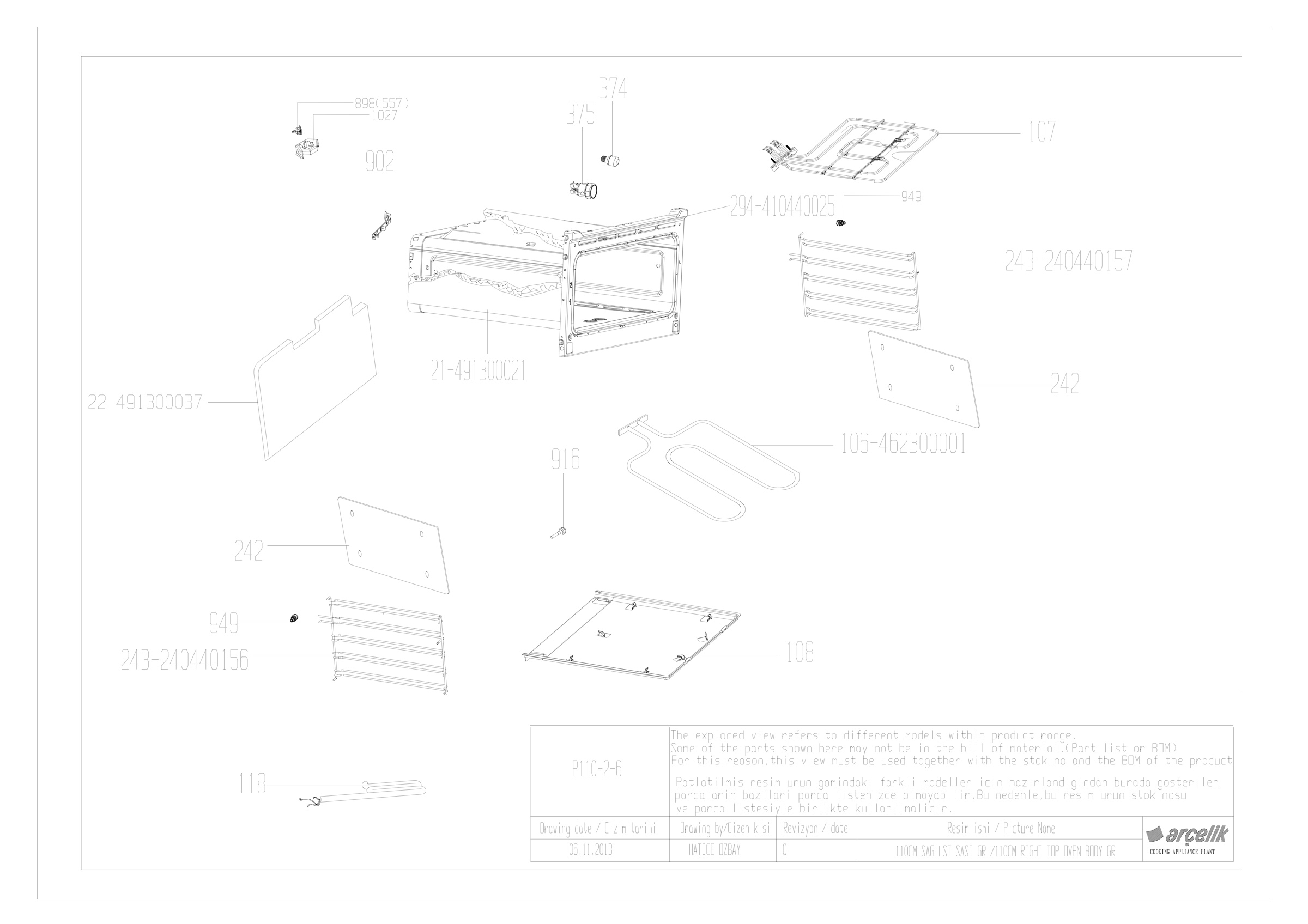 BARBAROS FS 110CM RIGHT TOP OVEN BODY GR EXPLODED VIEW