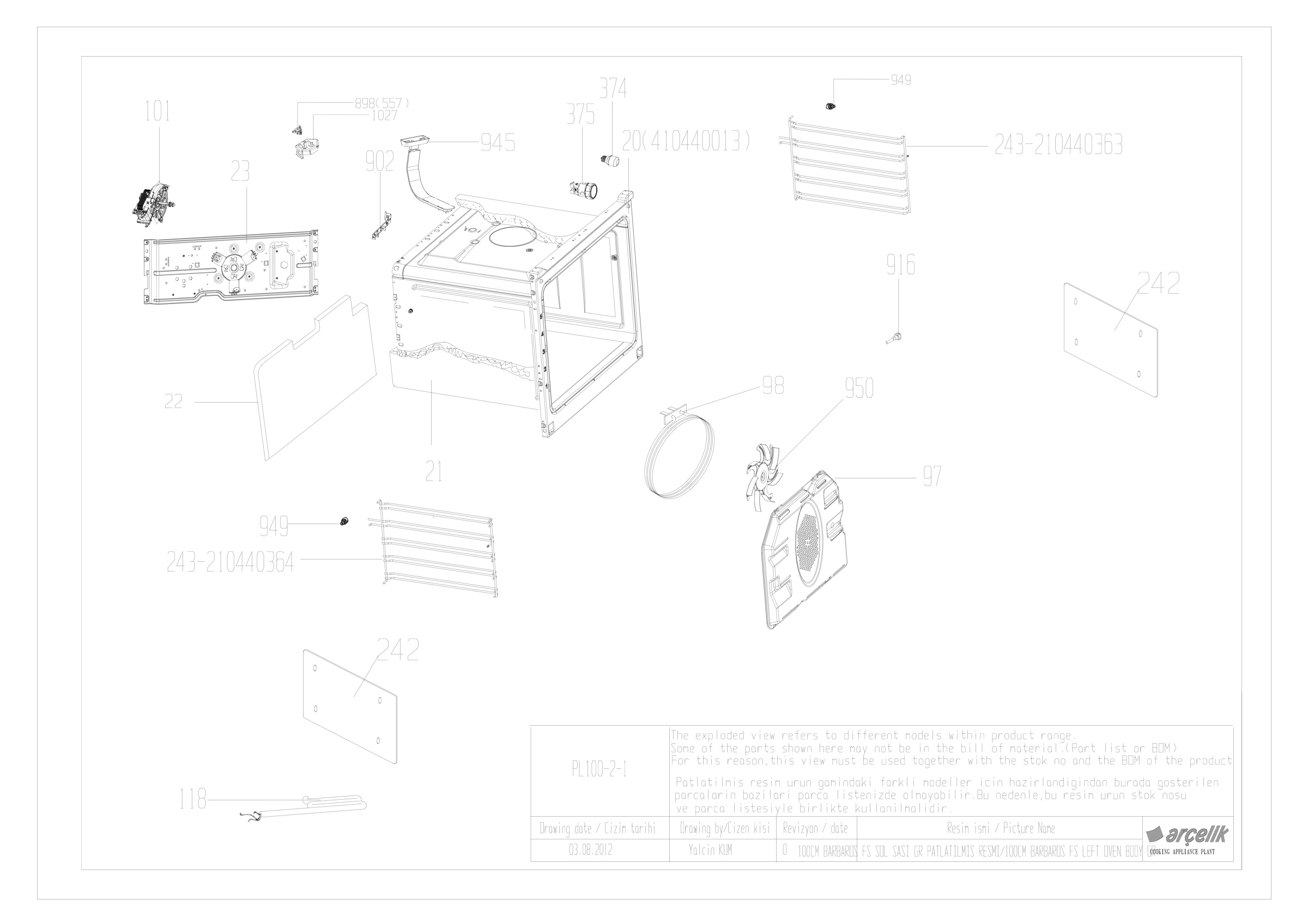 100CM BARBAROS FS LEFT BOTTOM OVEN BODY GR EXPLODED VIEW