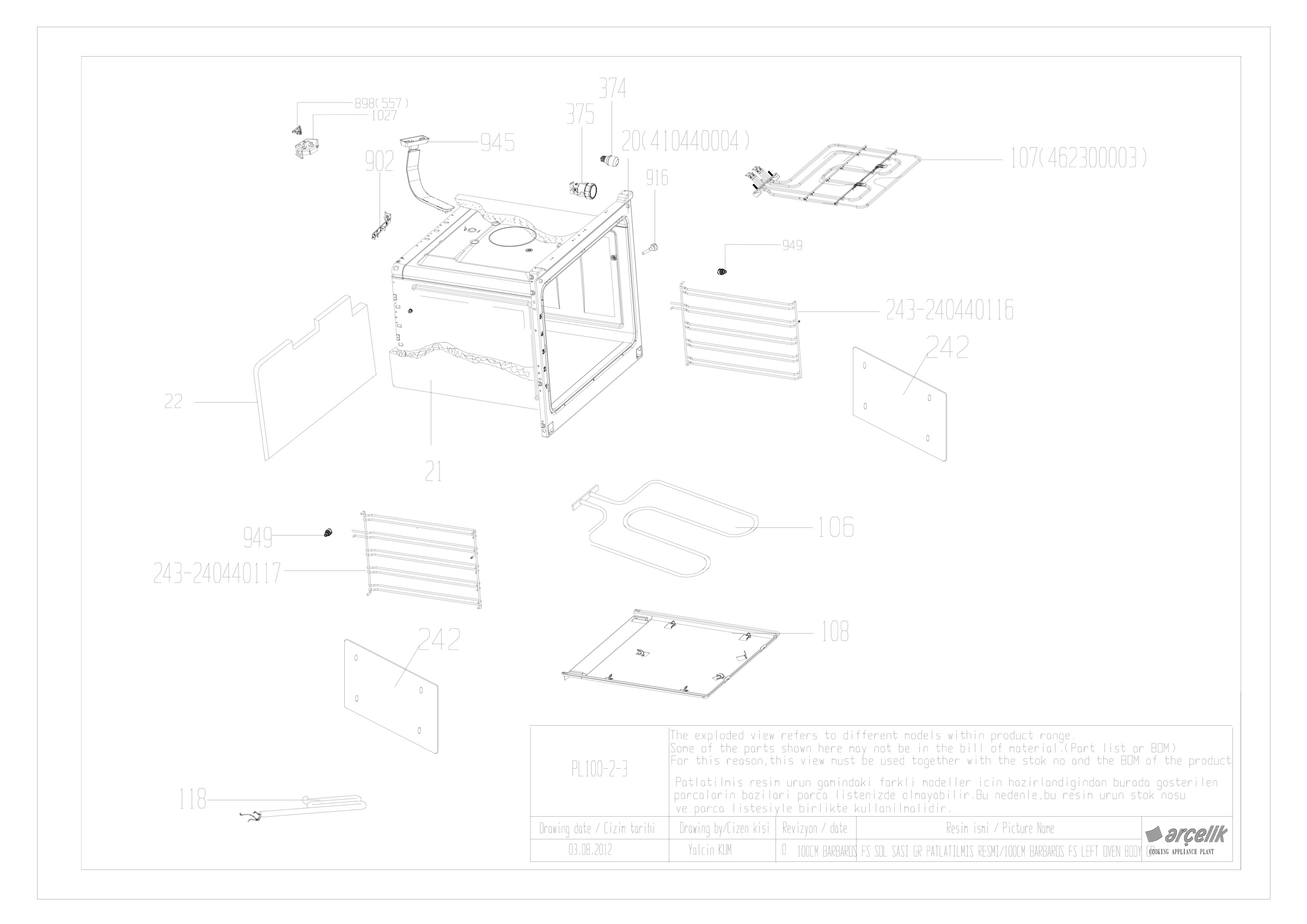100CM BARBAROS FS RIGHT TOP OVEN BODY GR EXPLODED VIEW