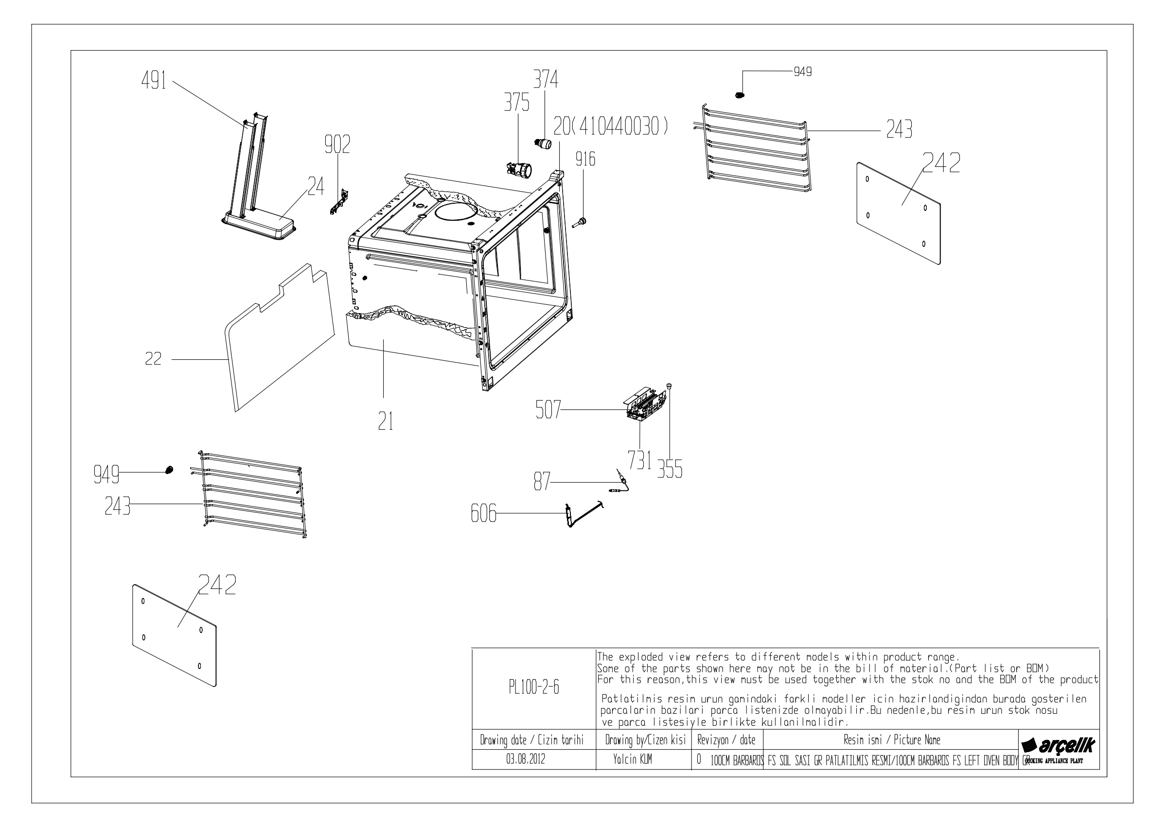 100CM RIGHT OVEN BODY GR EXPLODED VIEW
