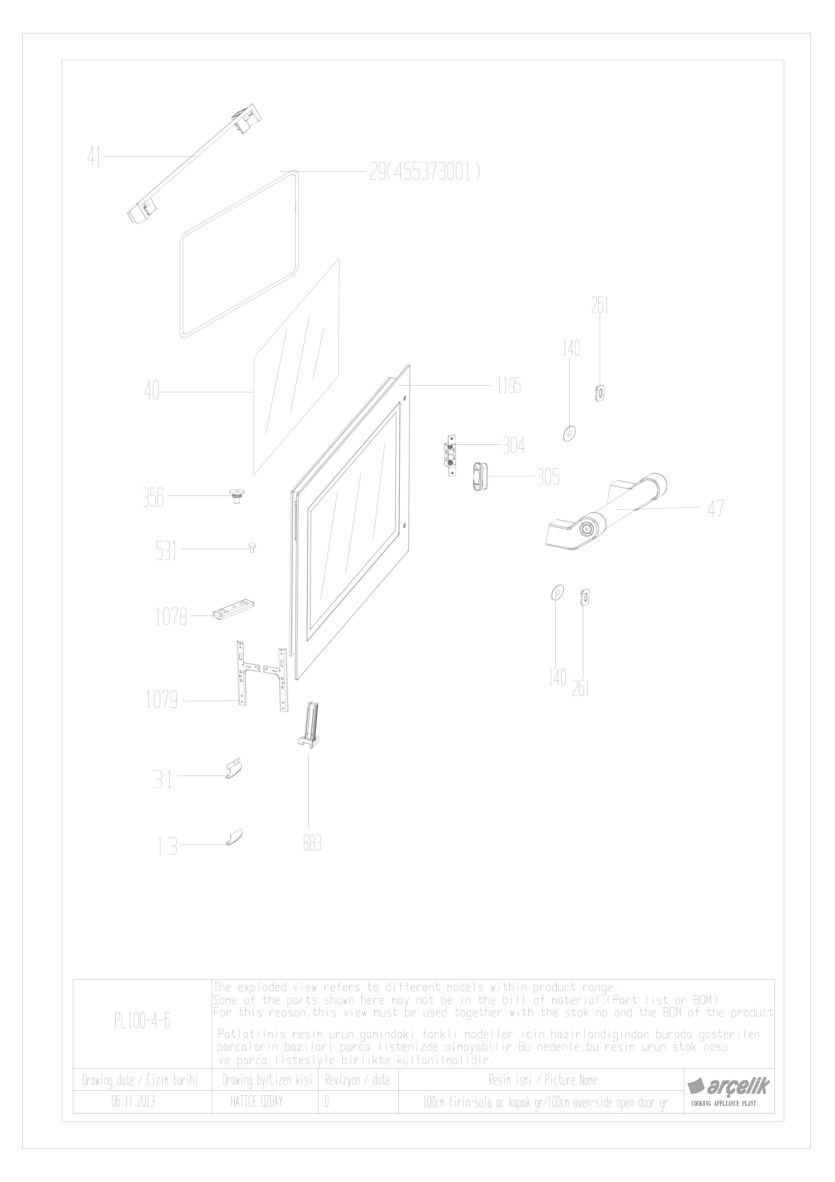100cm RIGHT MAIN OVEN DOOR GR.