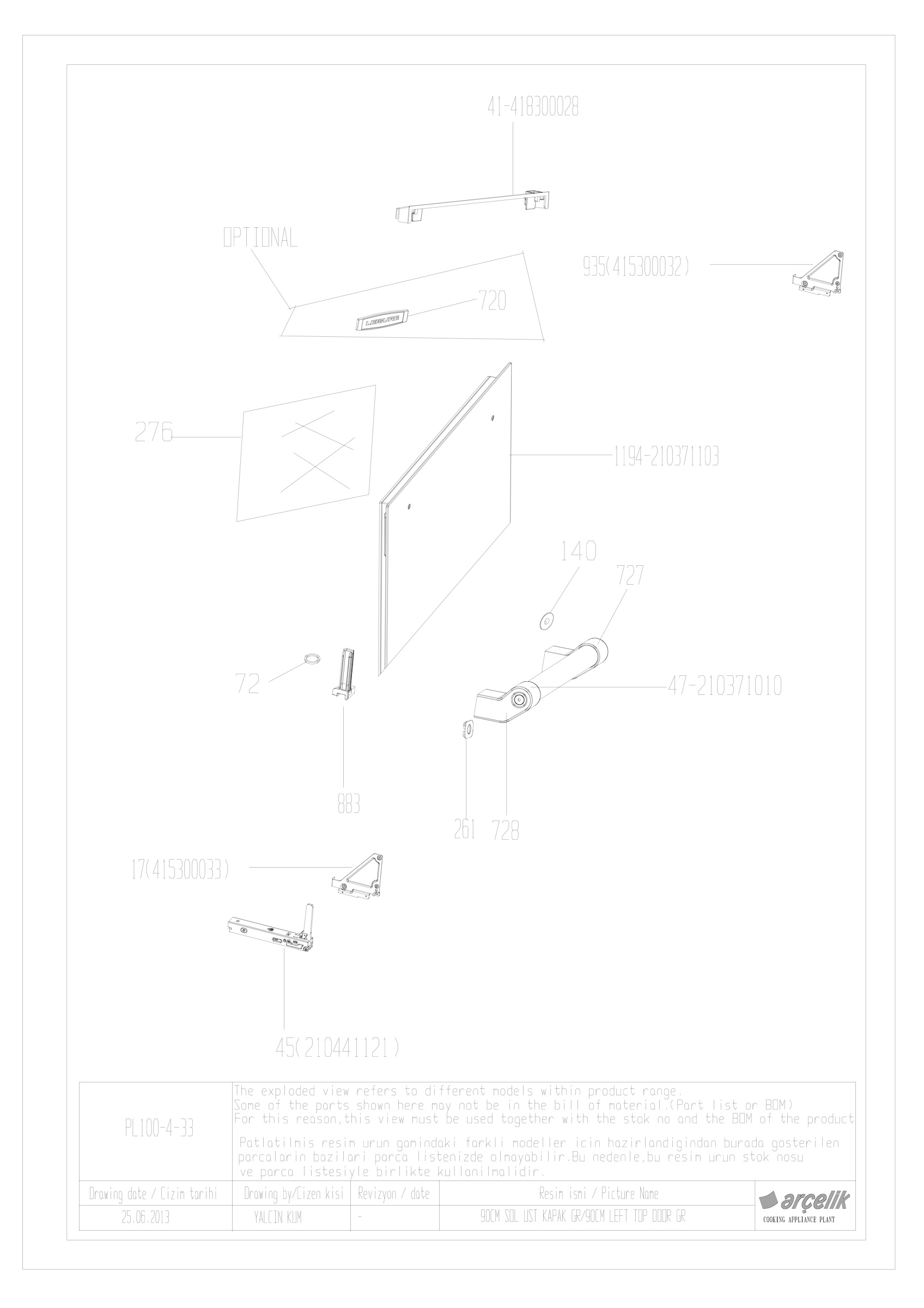 90CM LEFT TOP FRONT DOOR GR EXPLODED VIEW