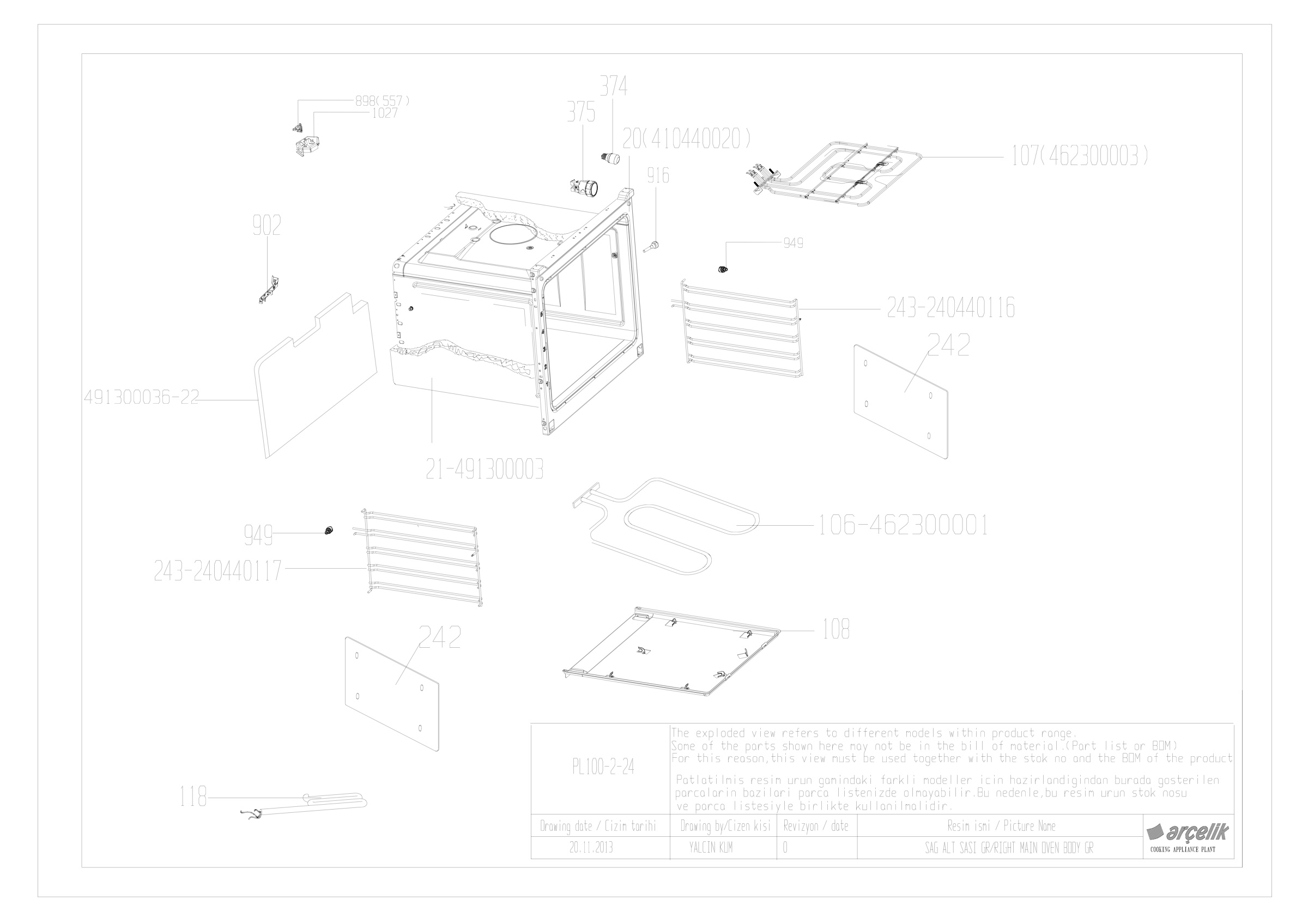 100CM RIGHT BOTTOM OVEN BODY GR EXPLODED VIEW