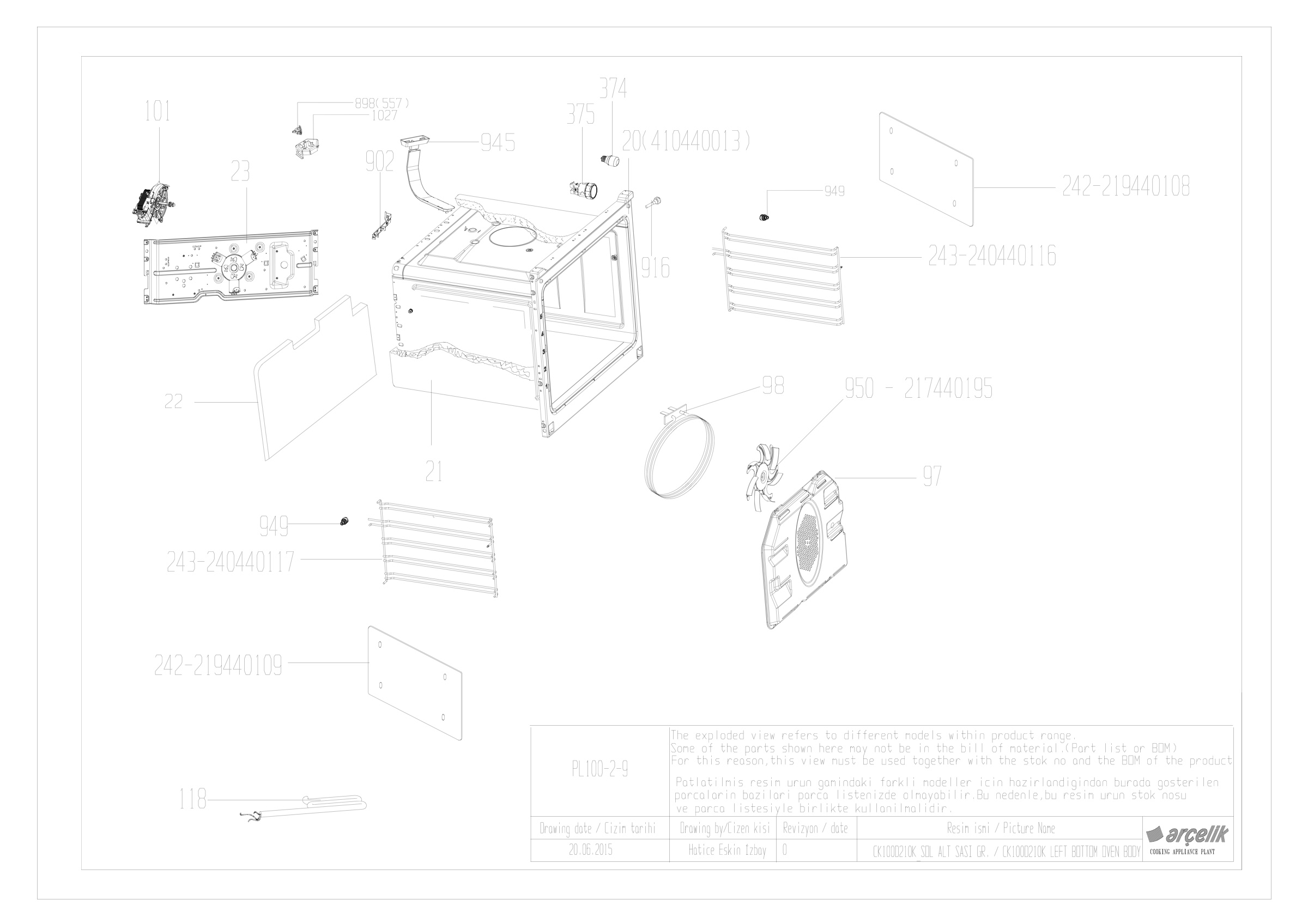 CK100D210K LEFT BOTTOM OVEN BODY GR.