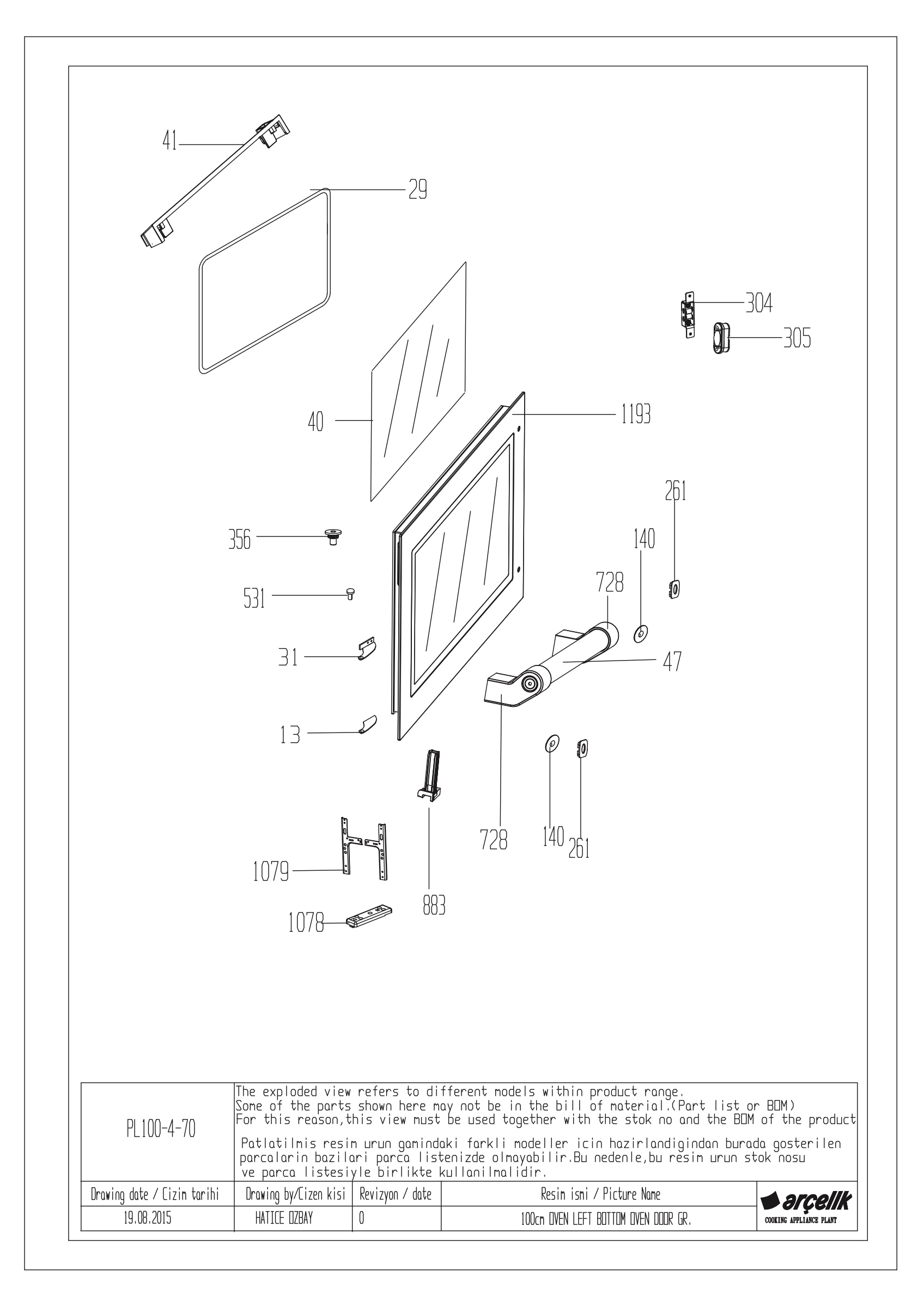 100cm LEFT BOTTOM OVEN DOOR GR.