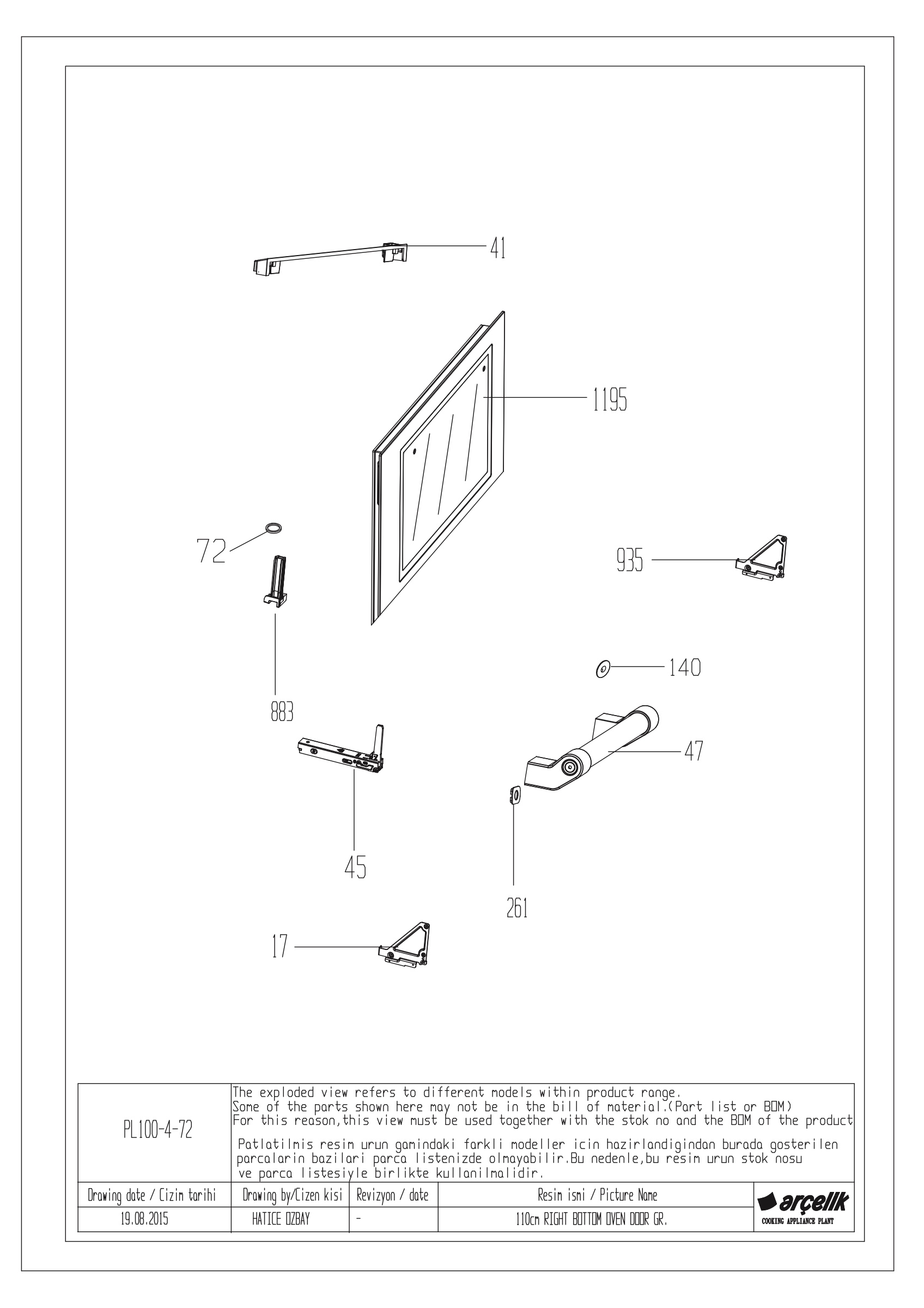 100cm RIGHT BOTTOM OVEN DOOR GR.