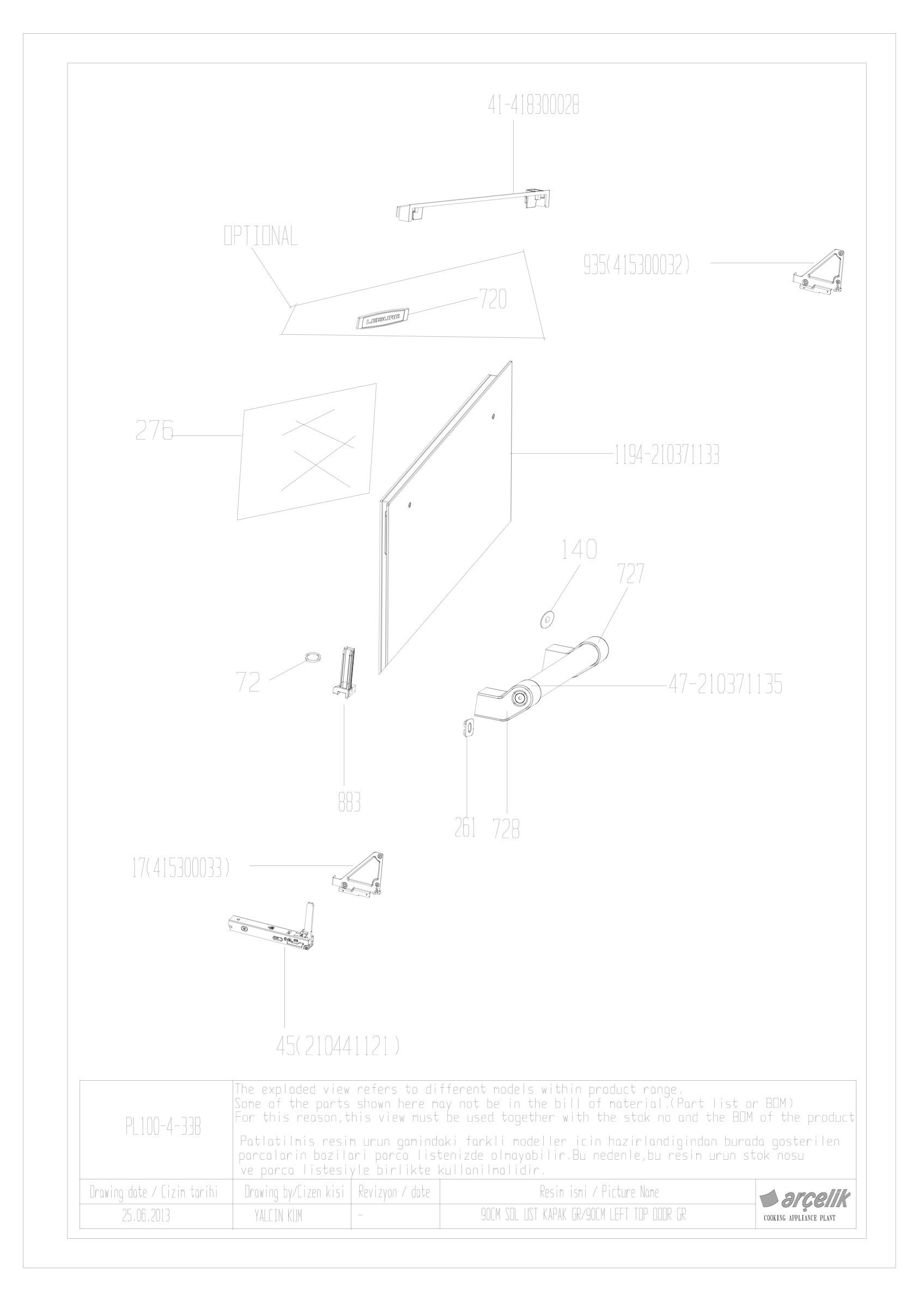 90CM LEFT TOP FRONT DOOR GR EXPLODED VIEW