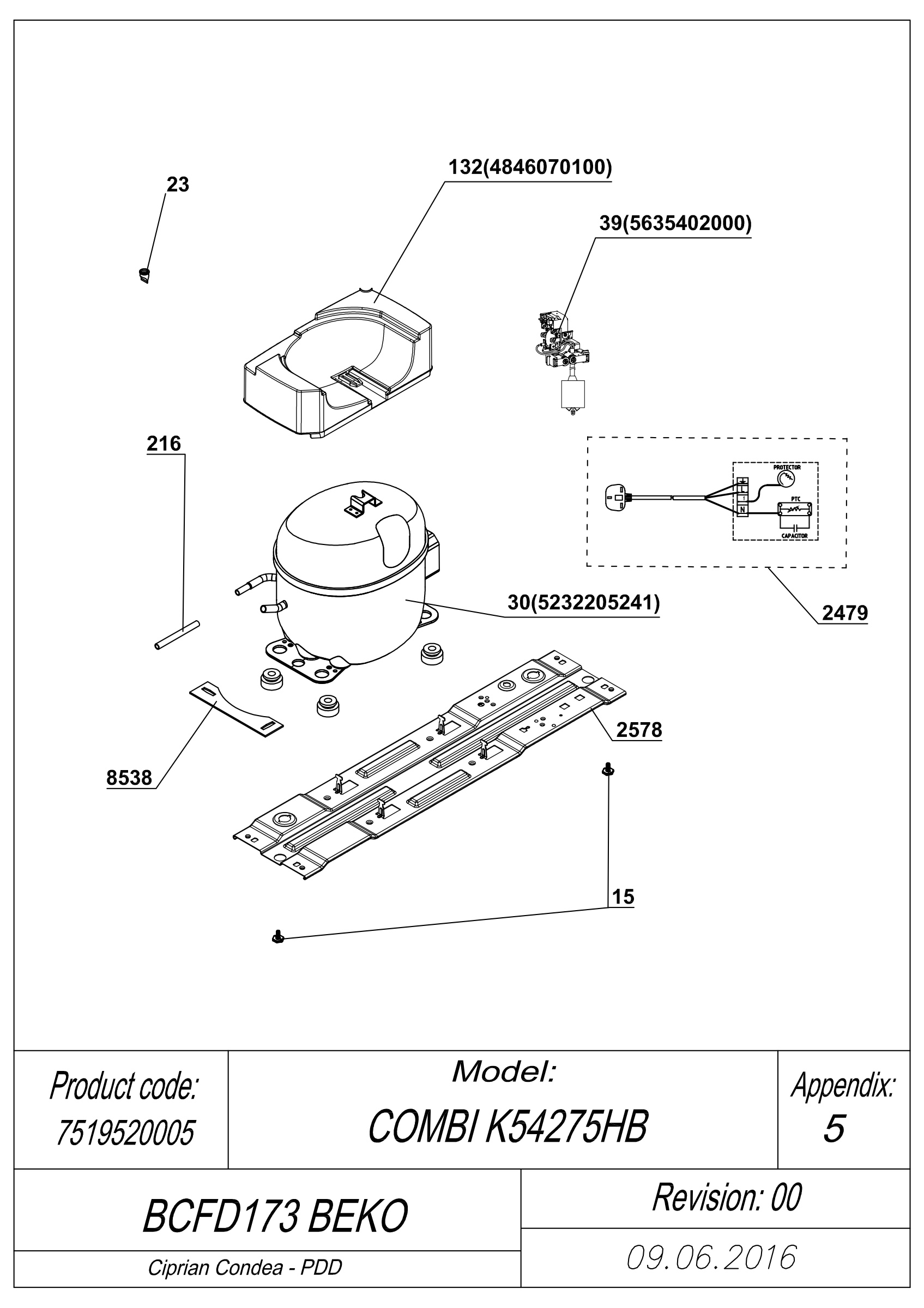 EXPLODED VIEW COMPRESSOR TYPE 1 BCFD173 BEKO