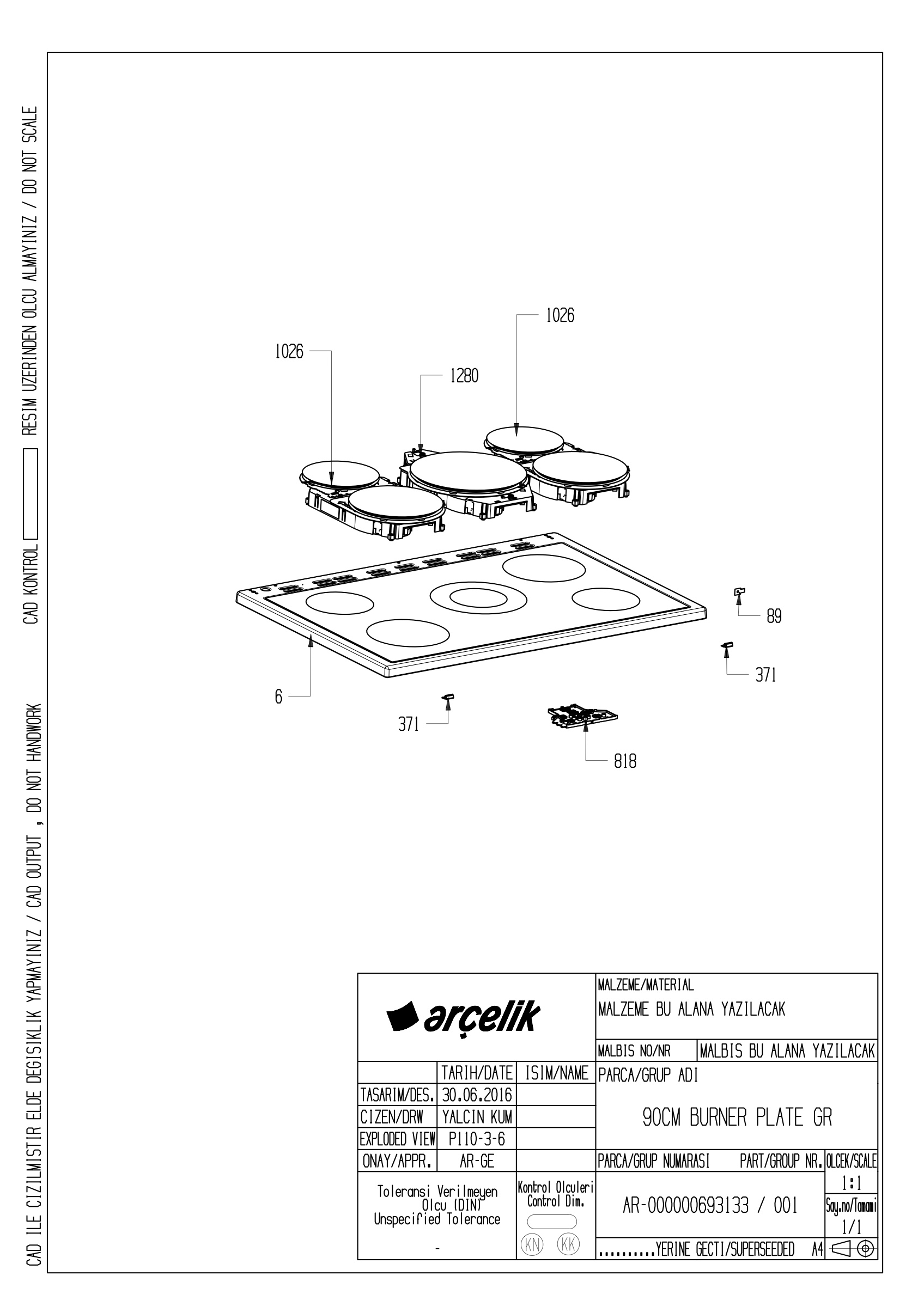 90CM TOP BURNER GR EXPLODED VIEW
