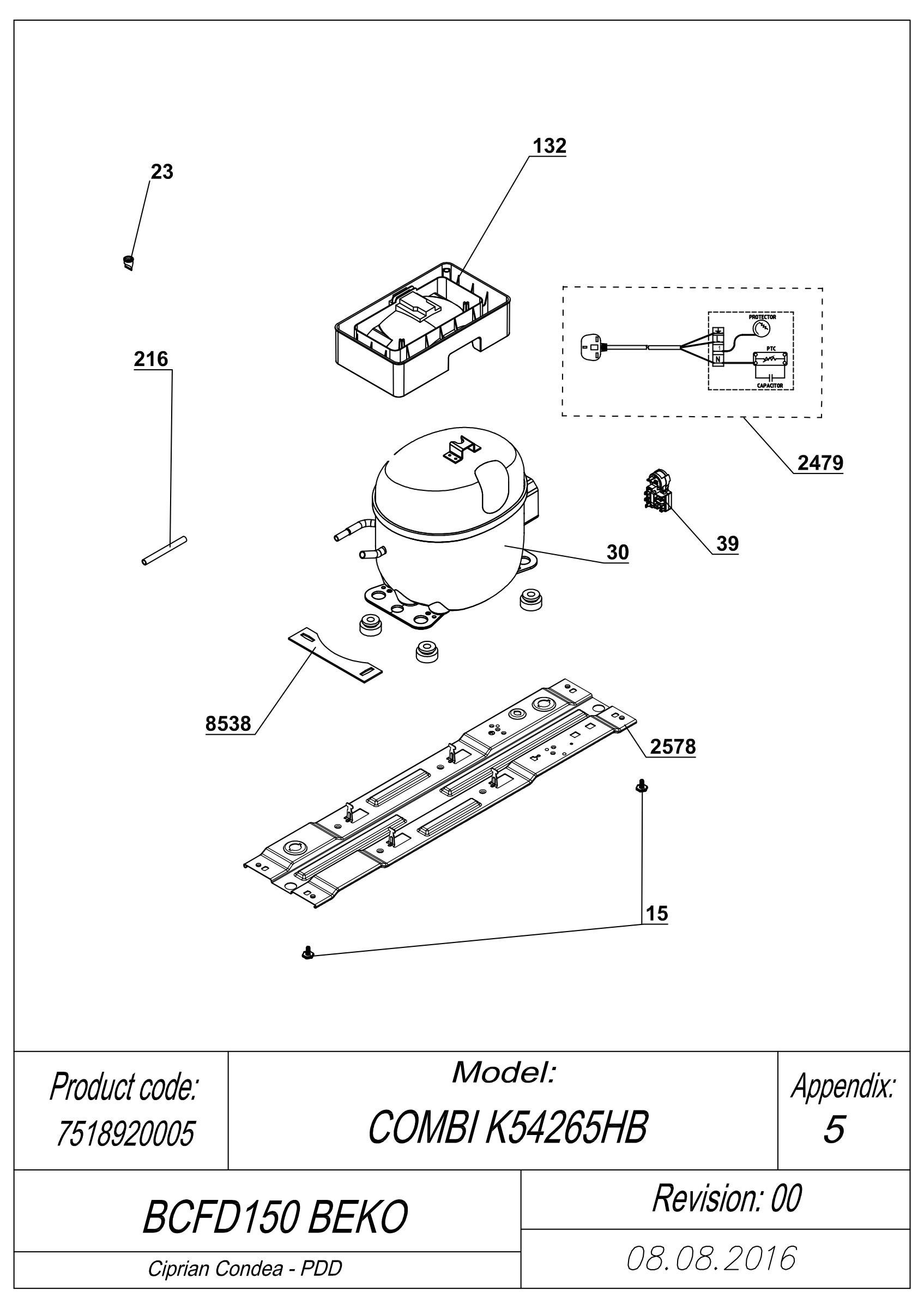 EXPLODED VIEW COMPRESSOR TYPE 1 BCFD150 BEKO