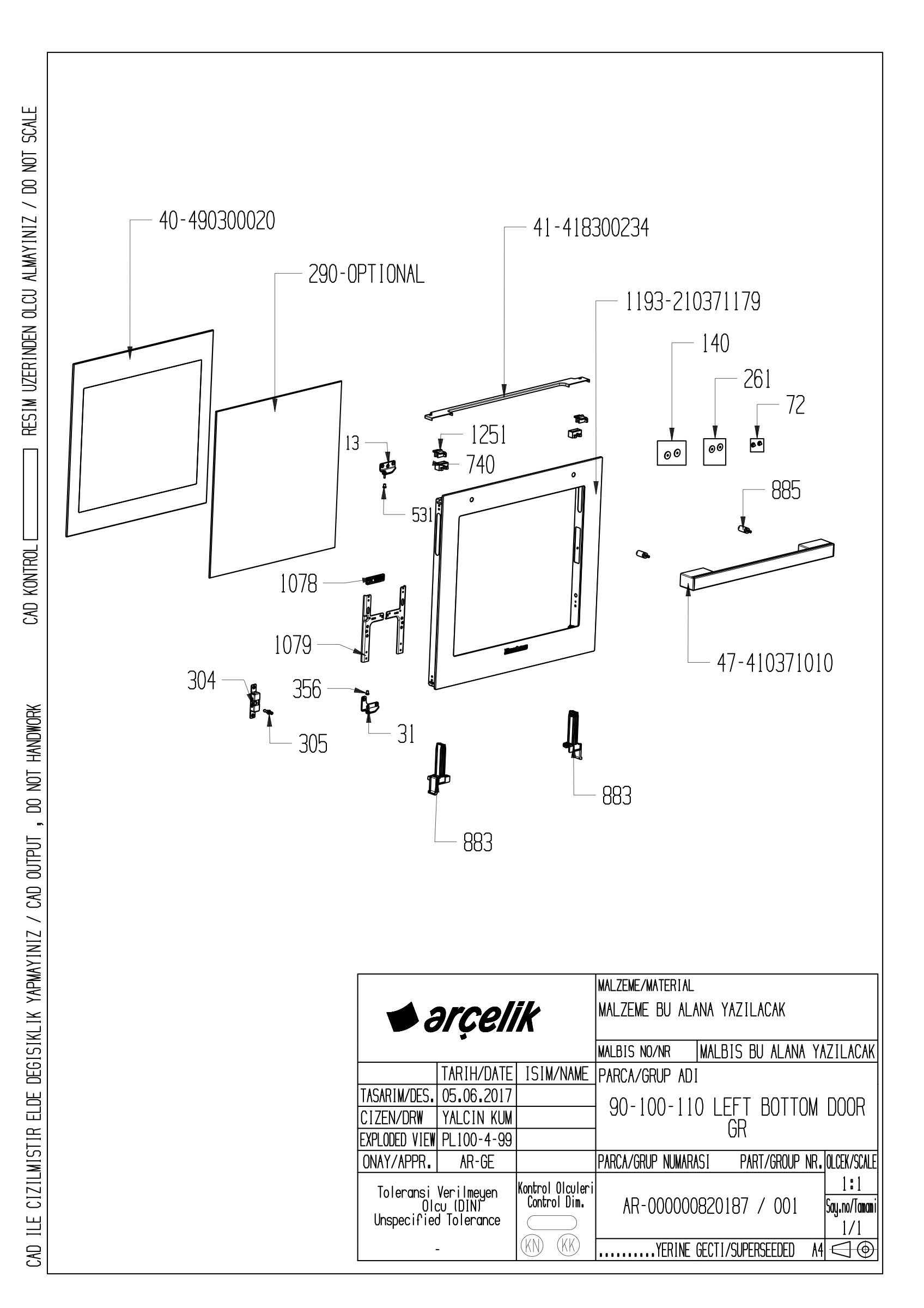 90CM LEFT BOTTOM FRONT DOOR GR EXPLODED VIEW