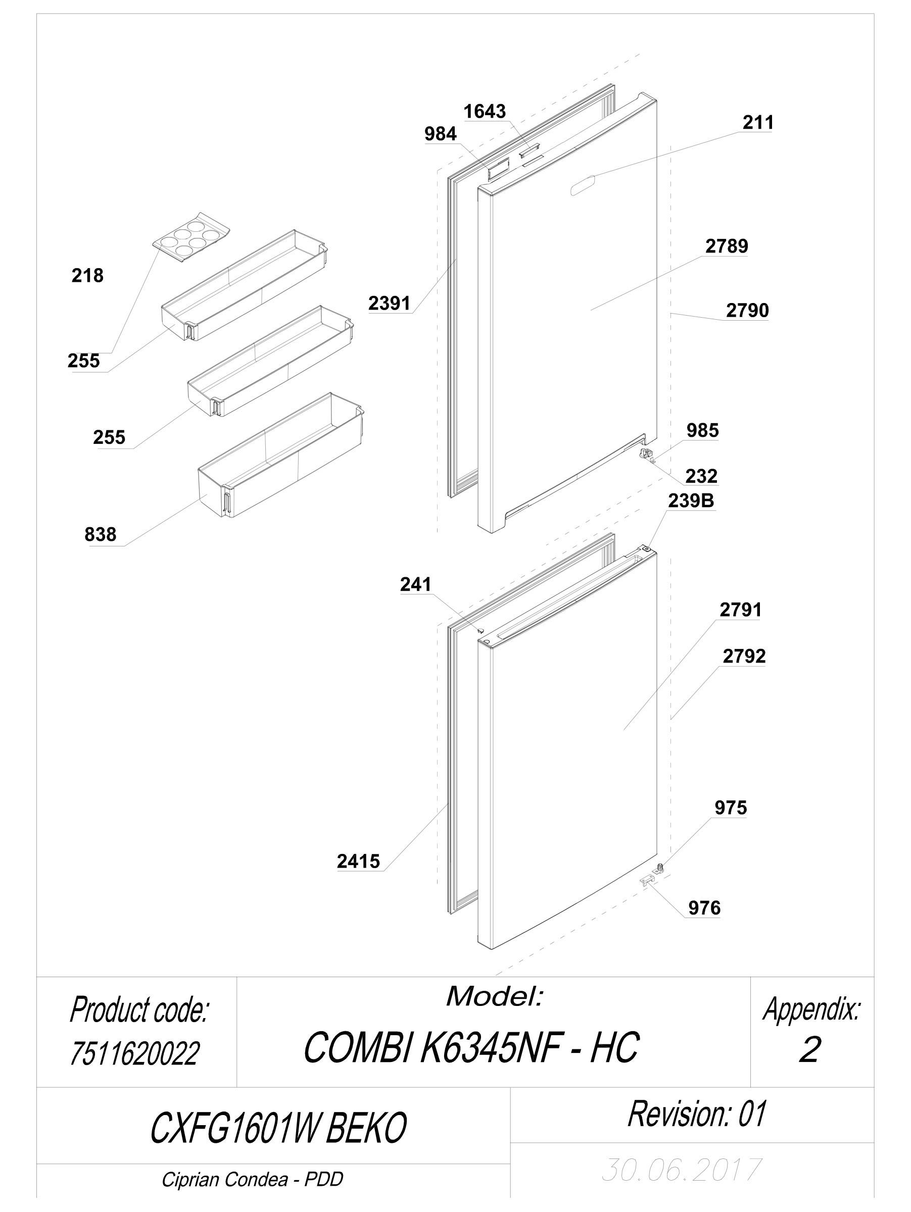 EXPLODED VIEW DOORS CXFG1601W BEKO