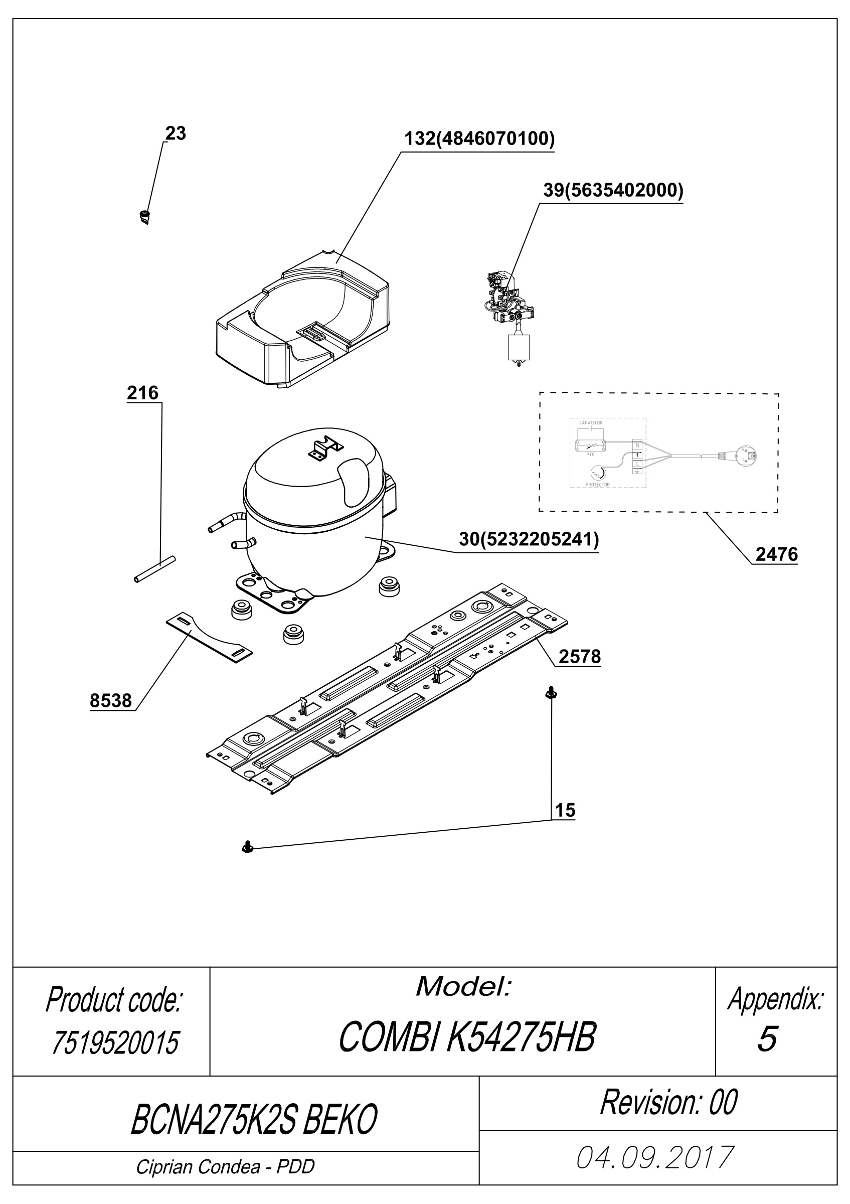 EXPLODED VIEW COMPRESSOR TYPE 1 BCNA275K2S BEKO