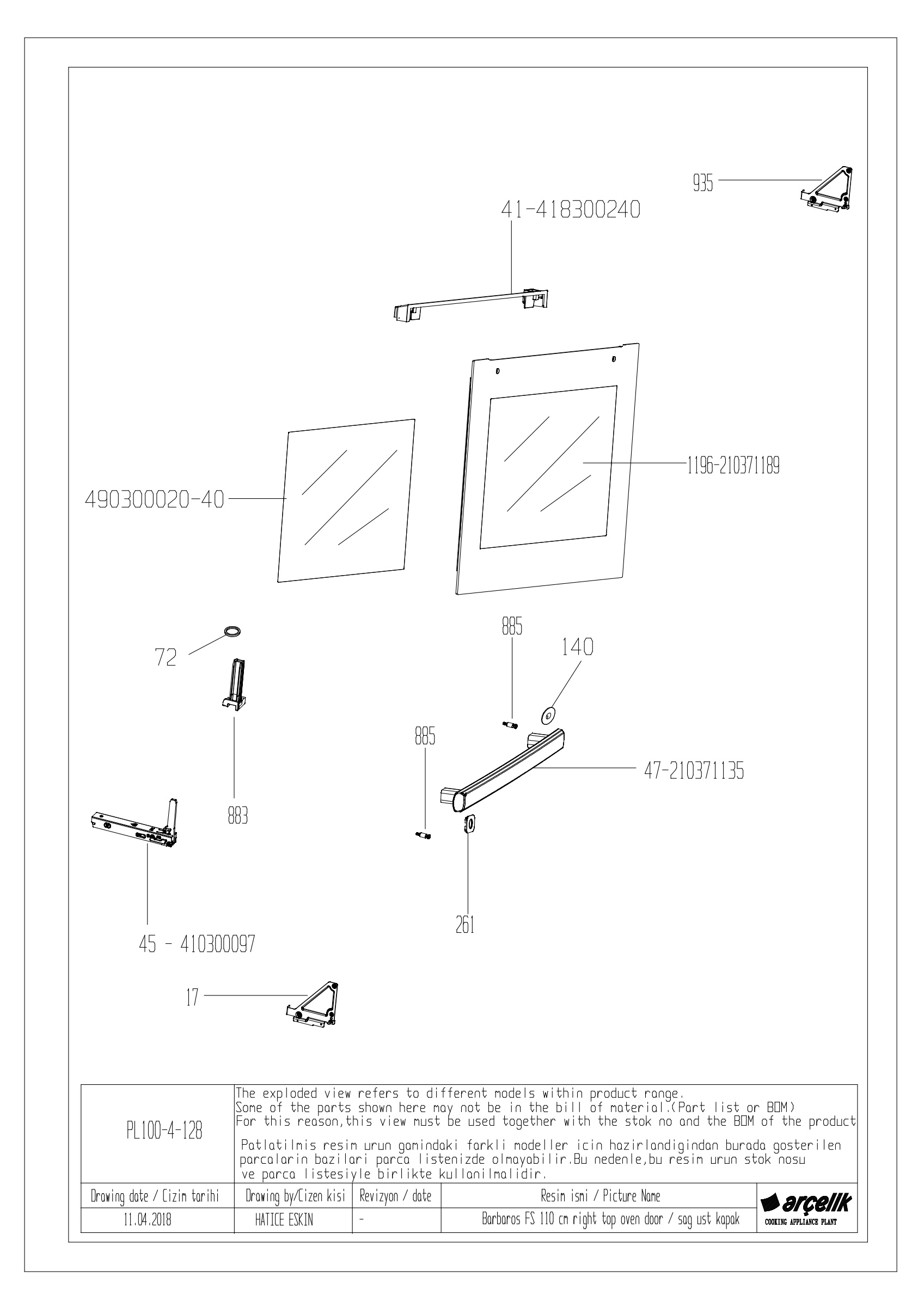 100cm RIGHT TOP OVEN DOOR GR.