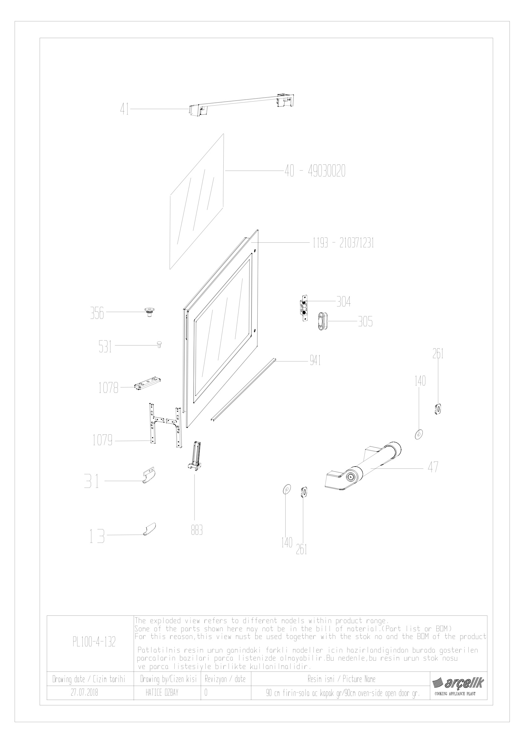 90cm LEFT MAIN OVEN DOOR GR.