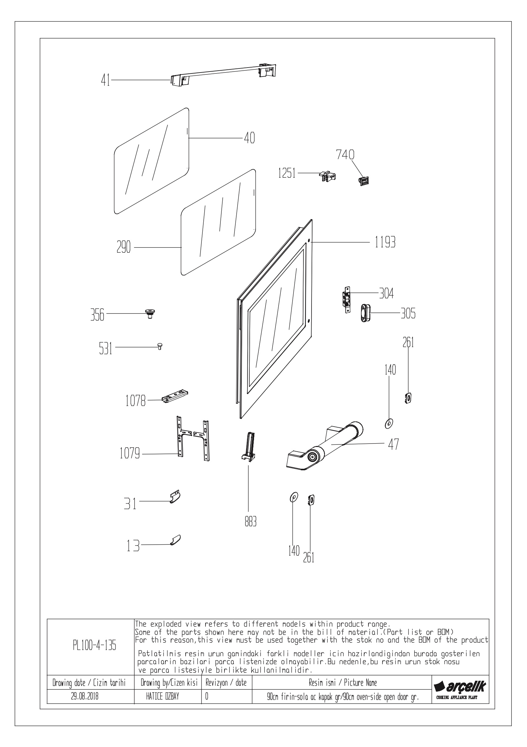 90cm LEFT MAIN OVEN DOOR GR.