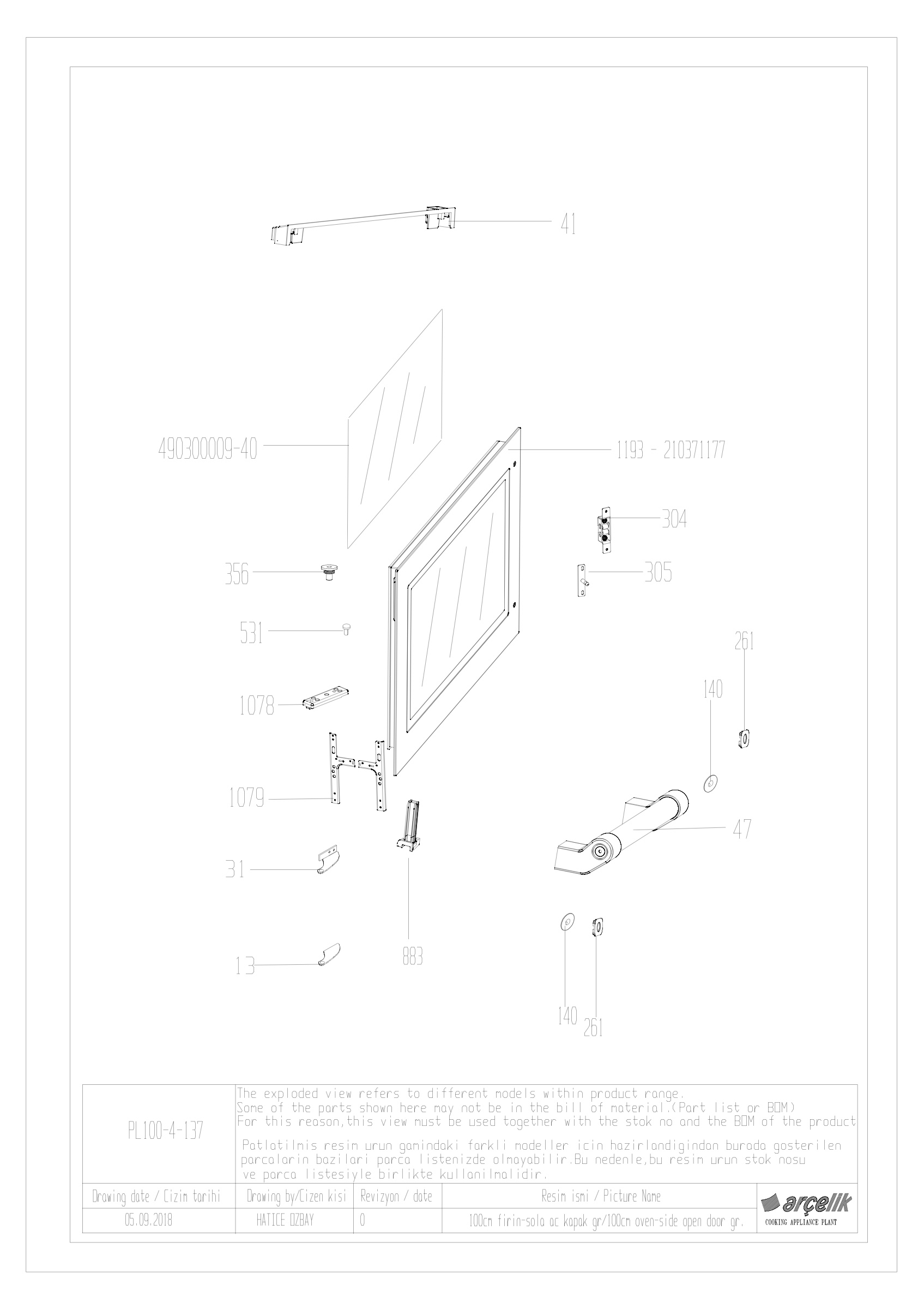 100cm LEFT MAIN OVEN DOOR GR.
