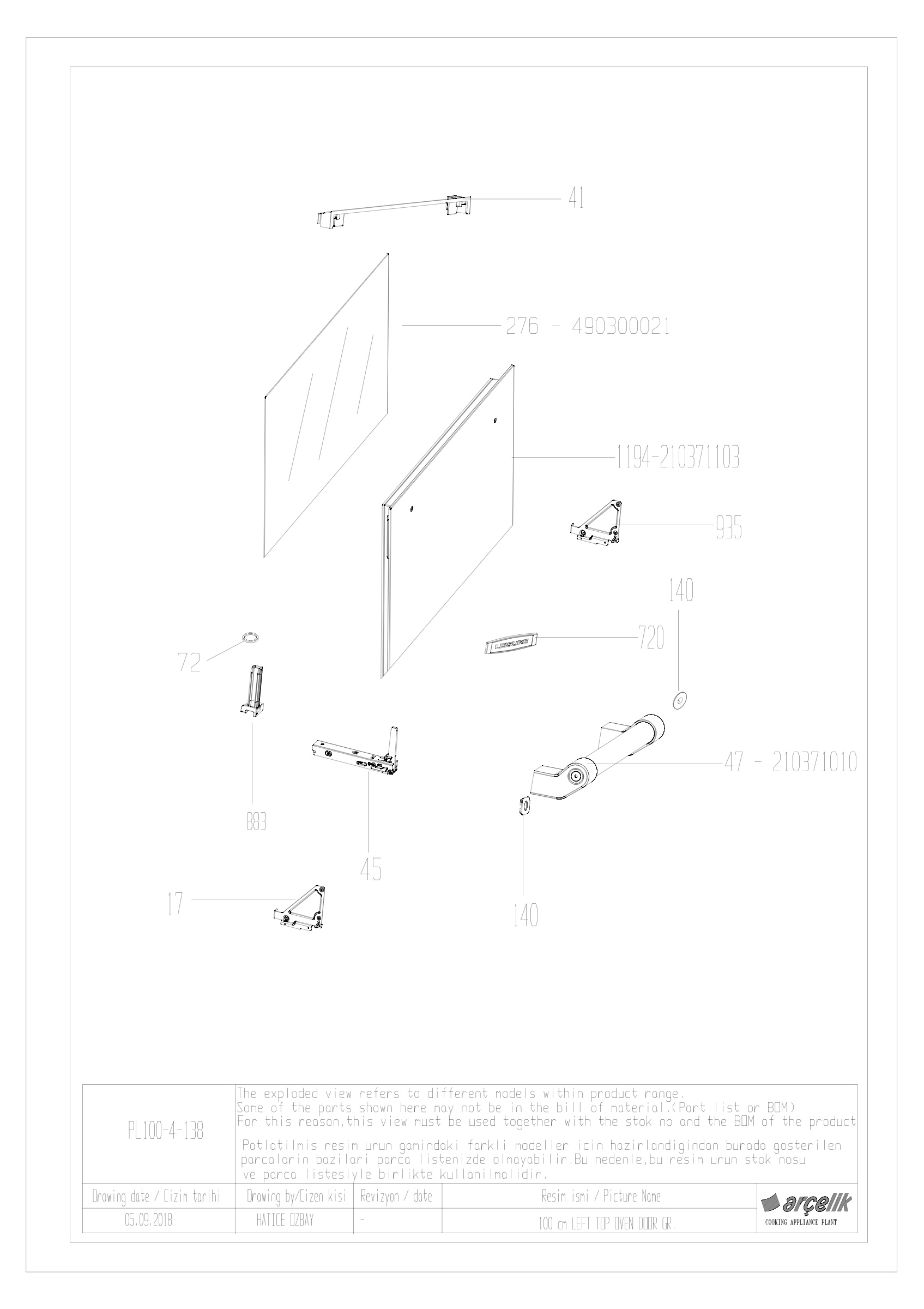 100cm LEFT TOP OVEN DOOR GR.
