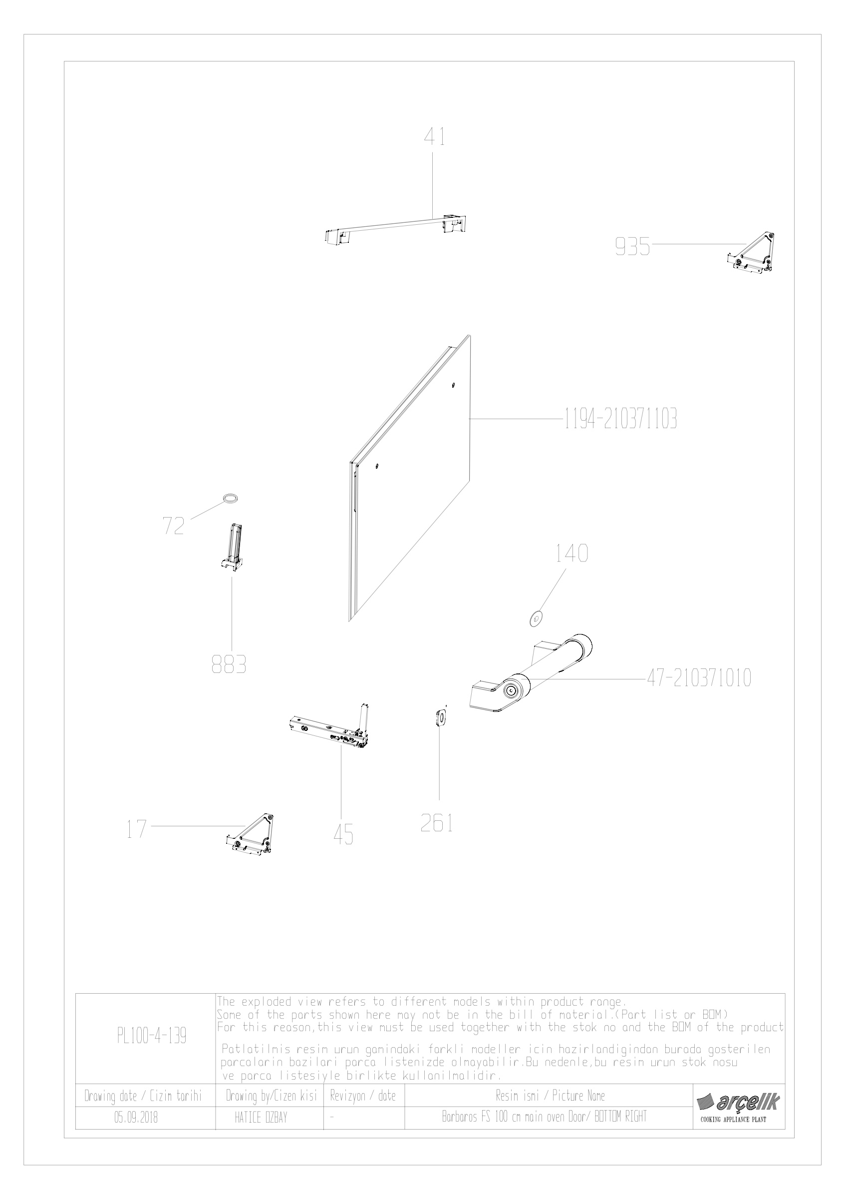 100cm RIGHT MAIN OVEN DOOR GR.