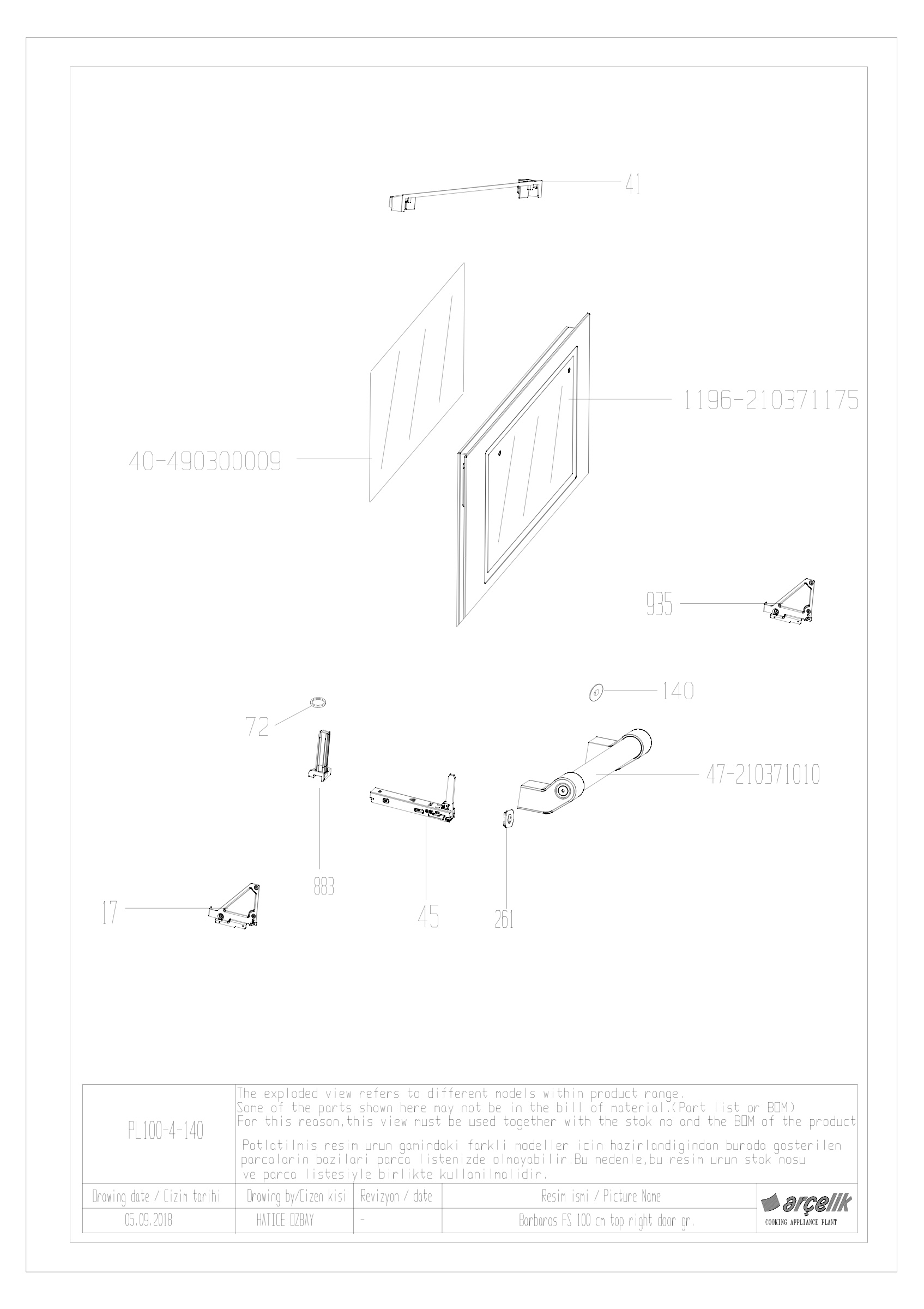 100cm RIGHT TOP OVEN DOOR GR.
