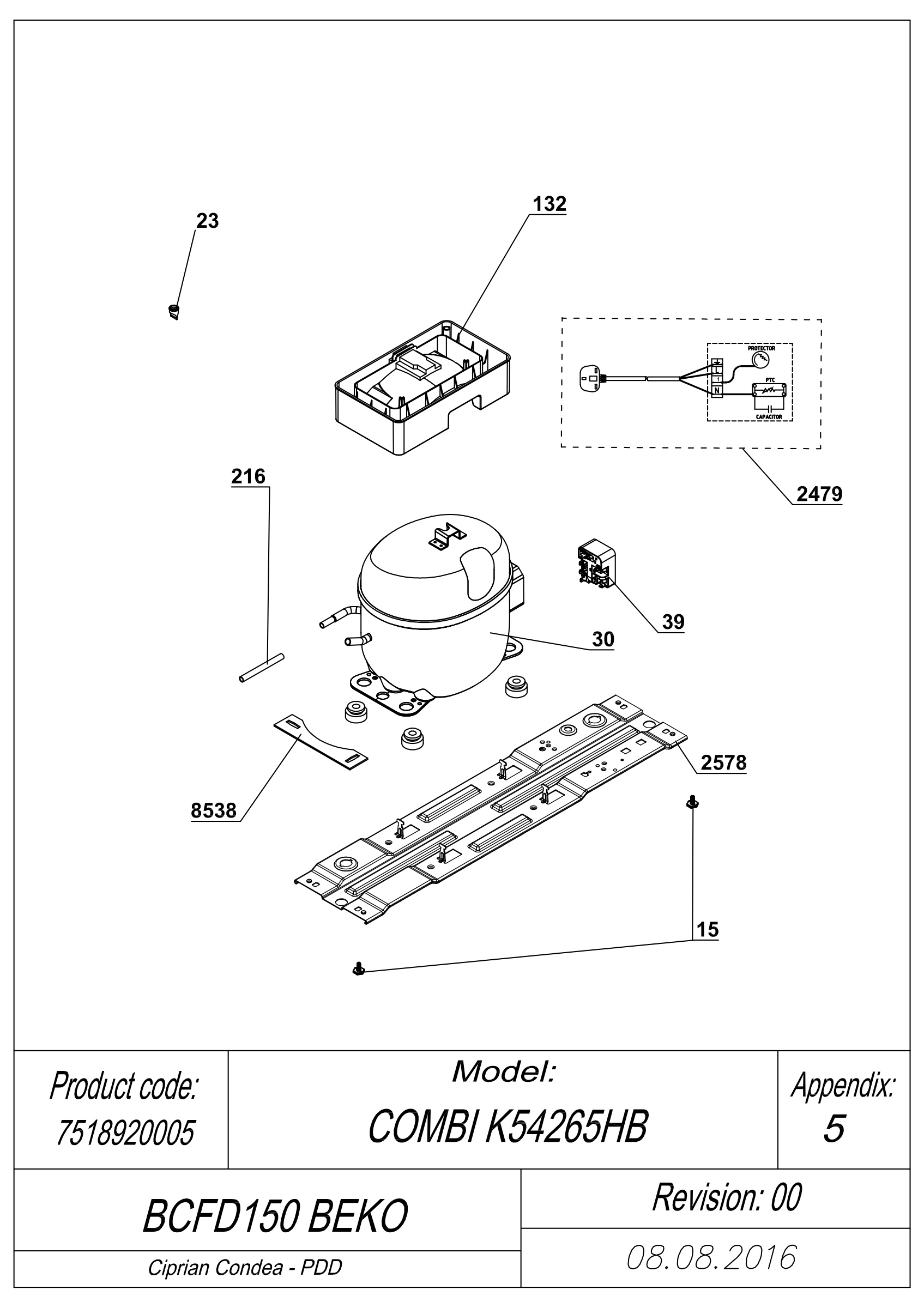 EXPLODED VIEW COMPRESSOR TYPE 2 BCFD150 BEKO