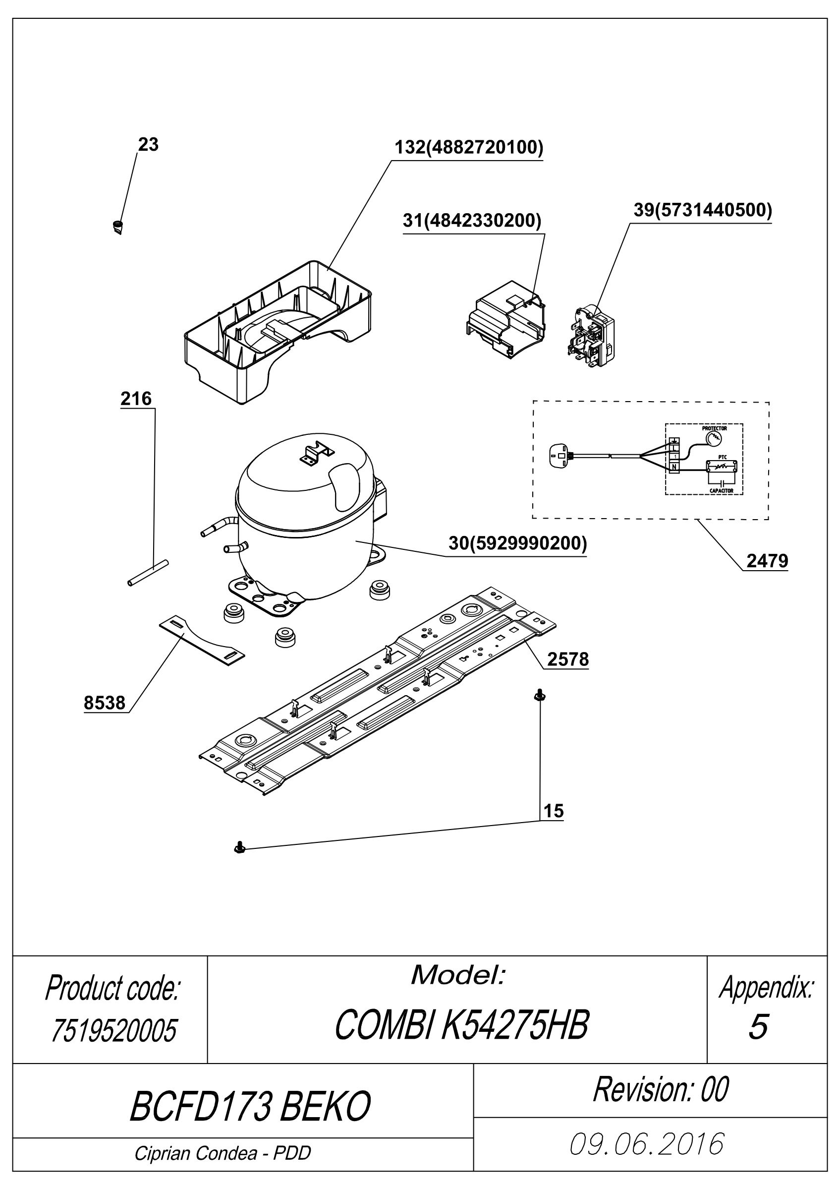 EXPLODED VIEW COMPRESSOR TYPE 2 BCFD173 BEKO