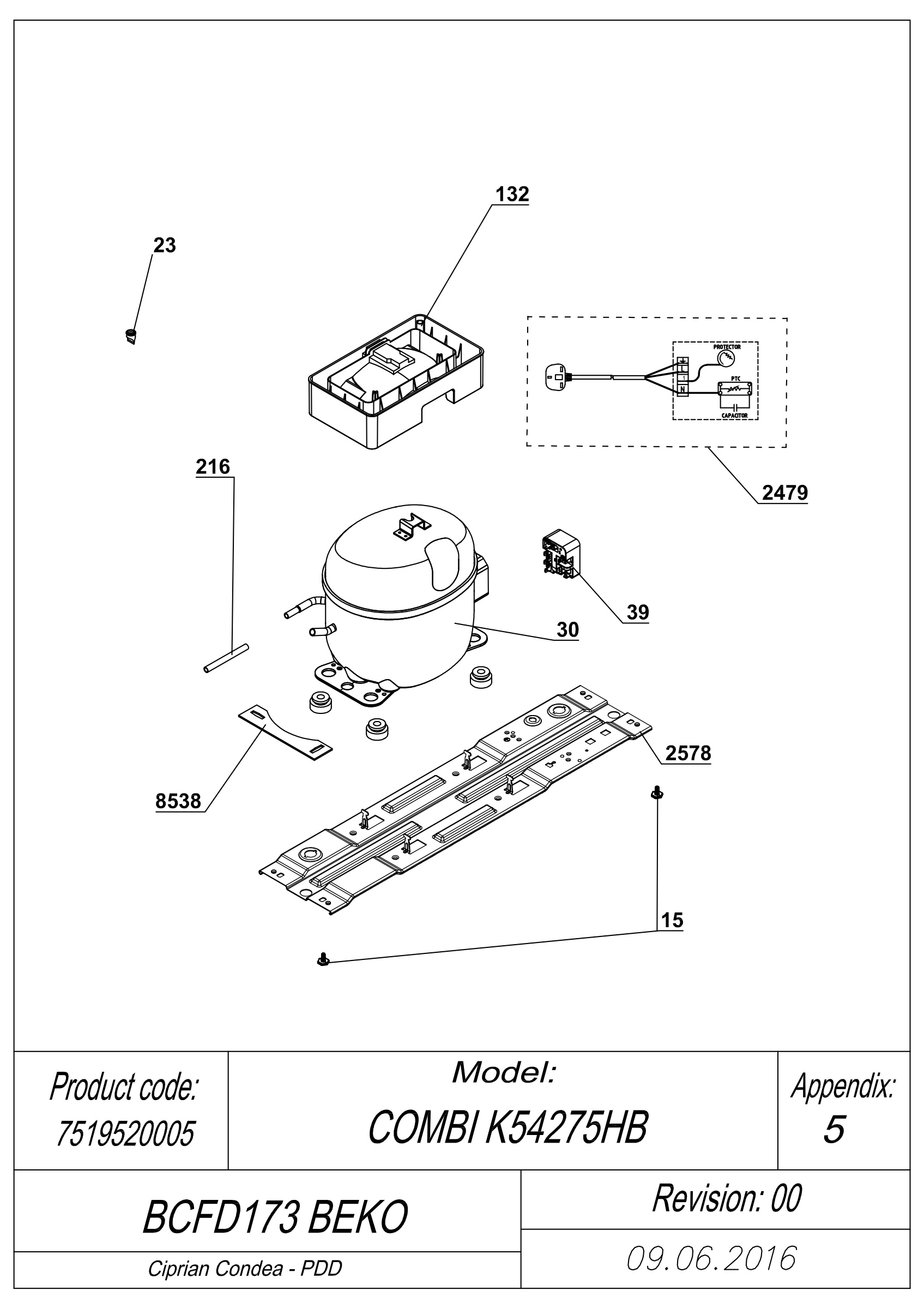 EXPLODED VIEW COMPRESSOR TYPE 3 BCFD173 BEKO