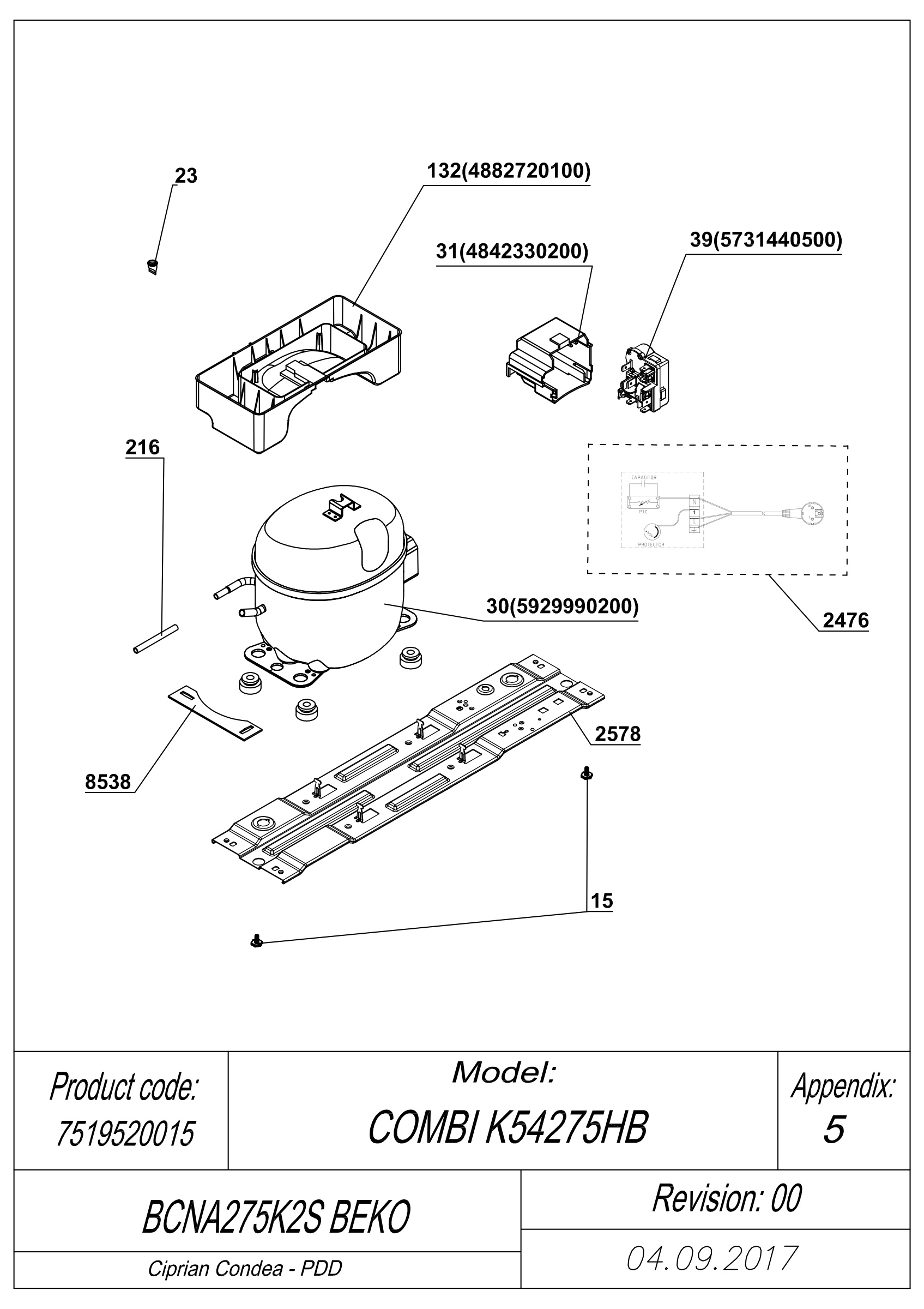 EXPLODED VIEW COMPRESSOR TYPE 2 BCNA275K2S BEKO