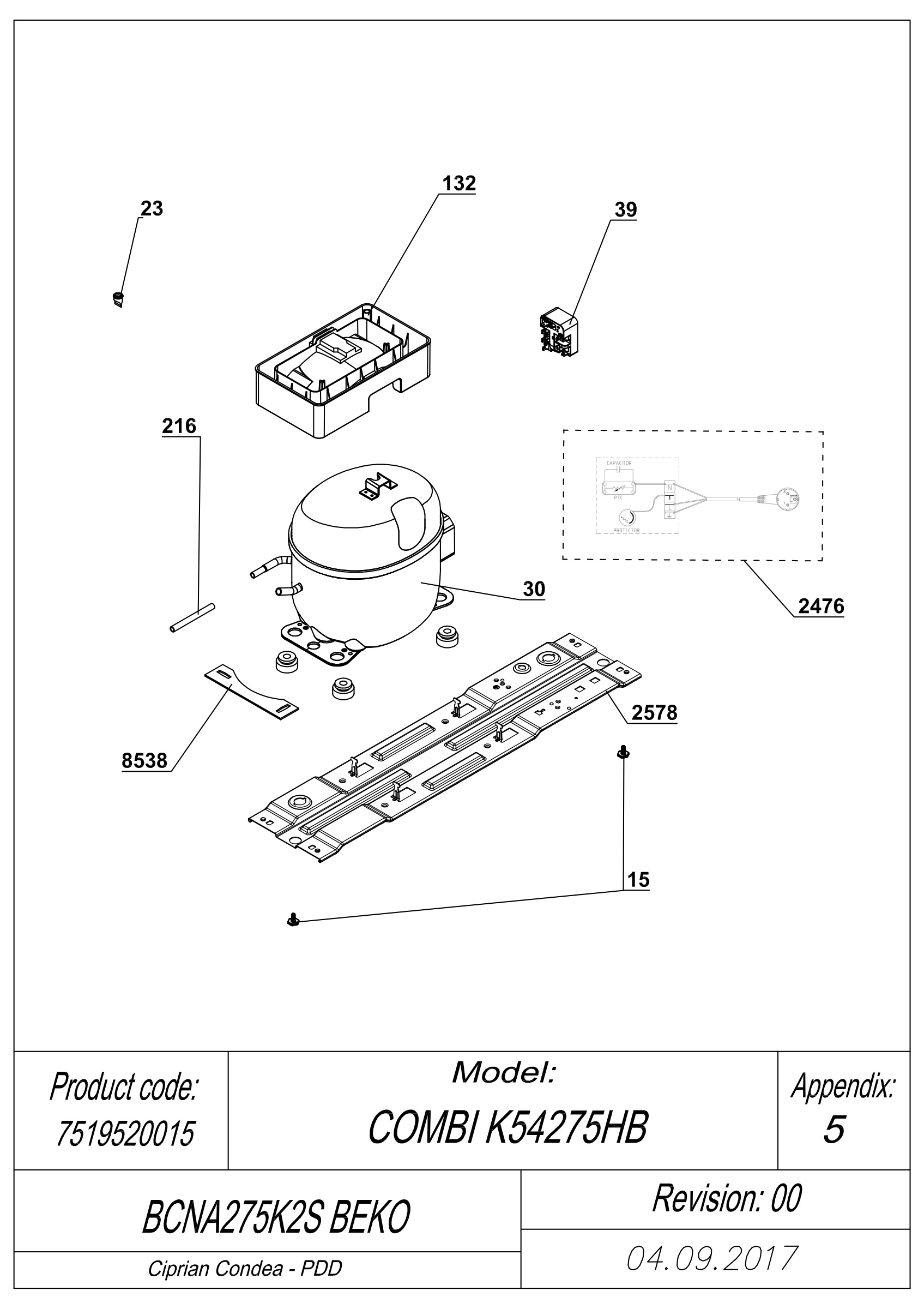 EXPLODED VIEW COMPRESSOR TYPE 3 BCNA275K2S BEKO