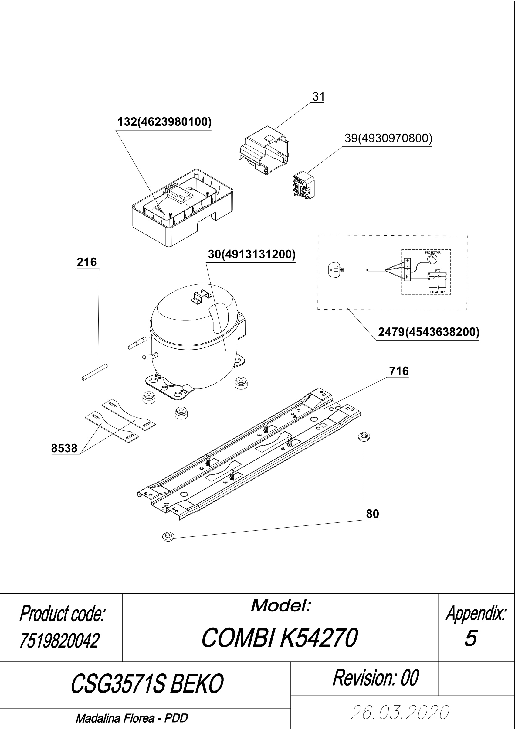 EXPLODED VIEW COMPRESSOR TYPE 1 CSG3571S BEKO
