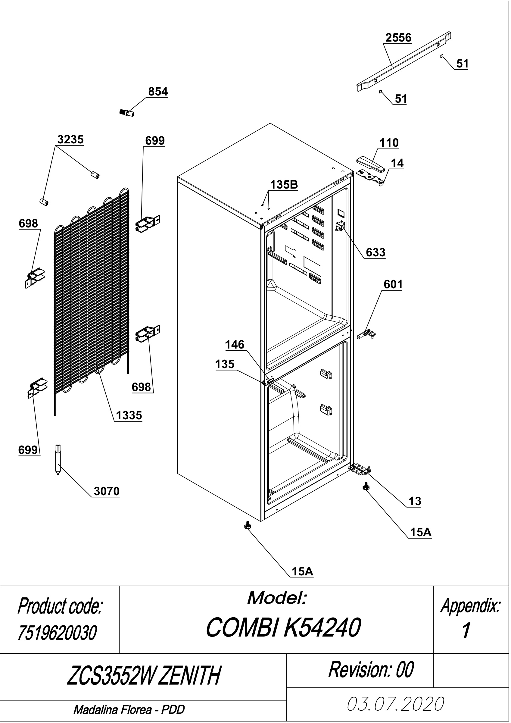 EXPLODED VIEW CABINET ZCS3552W ZENITH